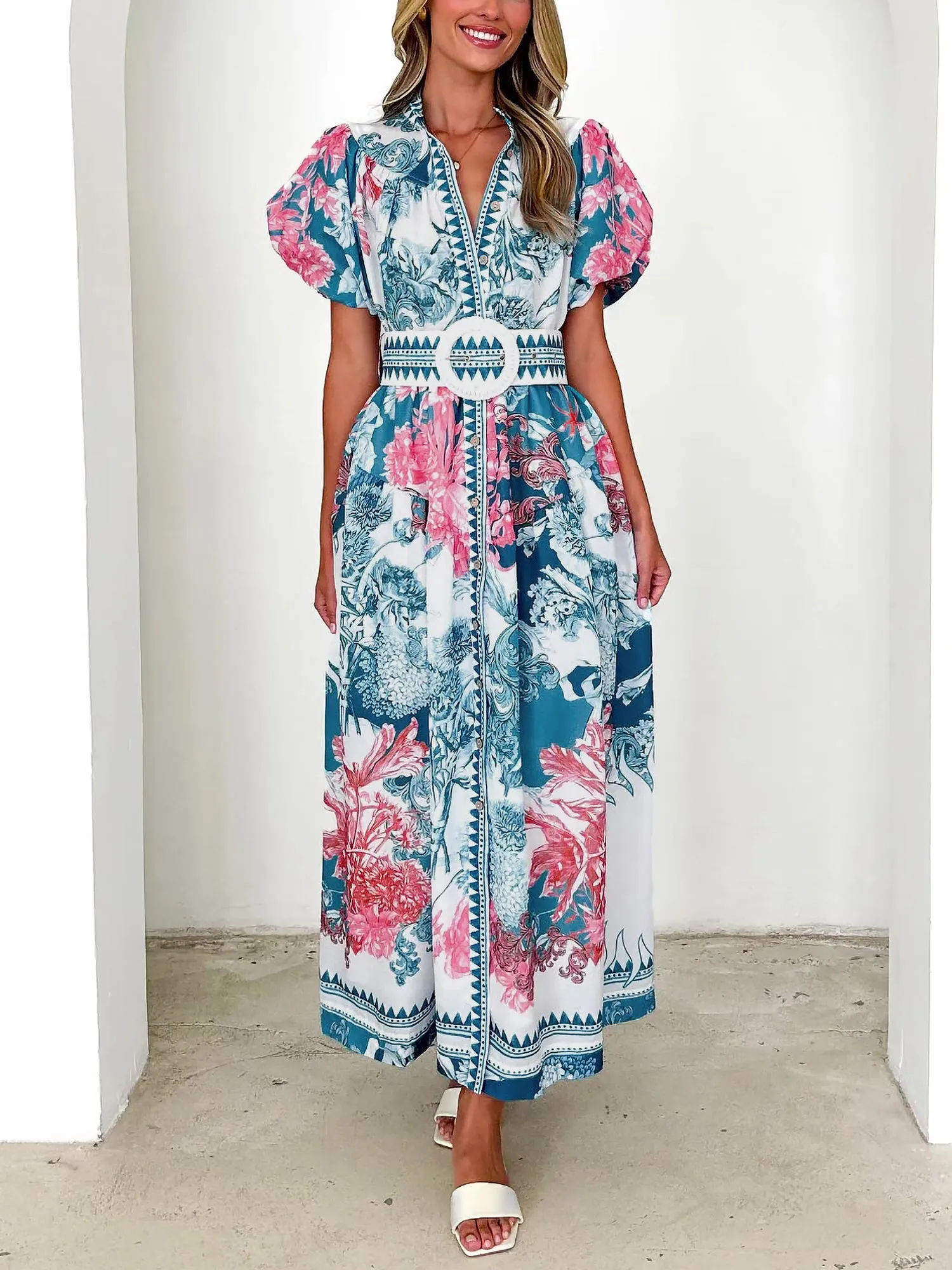 Floral Puff Sleeves Button Down Belted Maxi Dress sold by Allegra K product image thumbnail 5