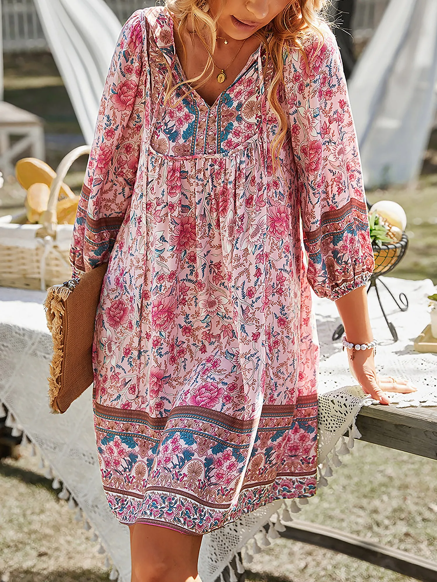 Boho Floral 3/4 Sleeves Loose Fit Mini Dress sold by Allegra K product image thumbnail 2