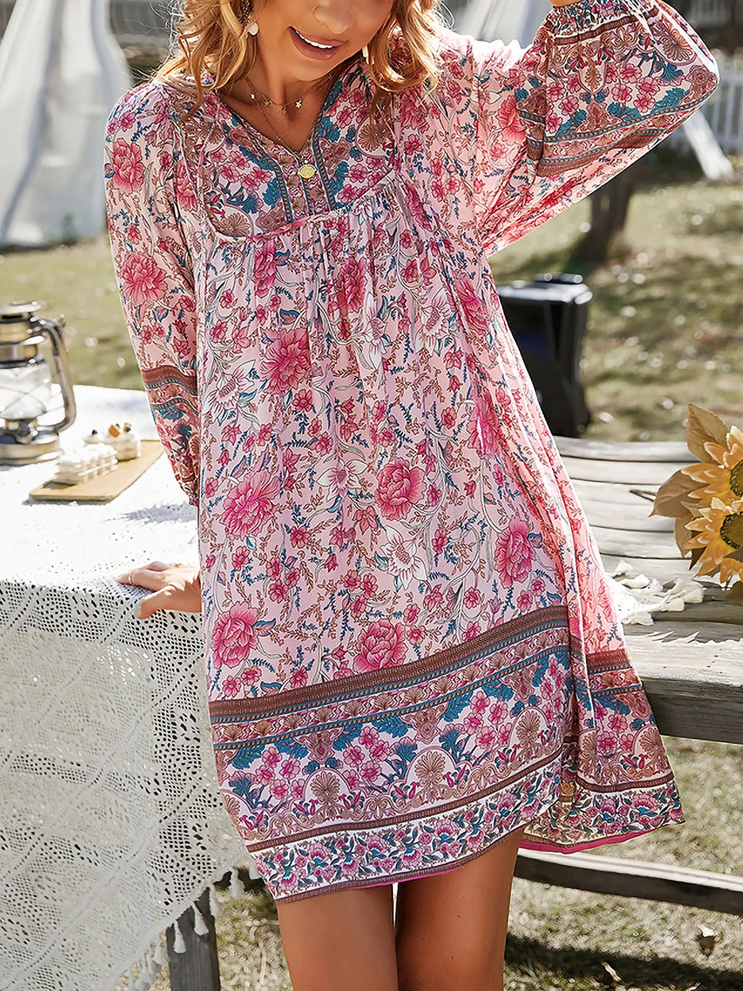 Boho Floral 3/4 Sleeves Loose Fit Mini Dress sold by Allegra K product image thumbnail 5