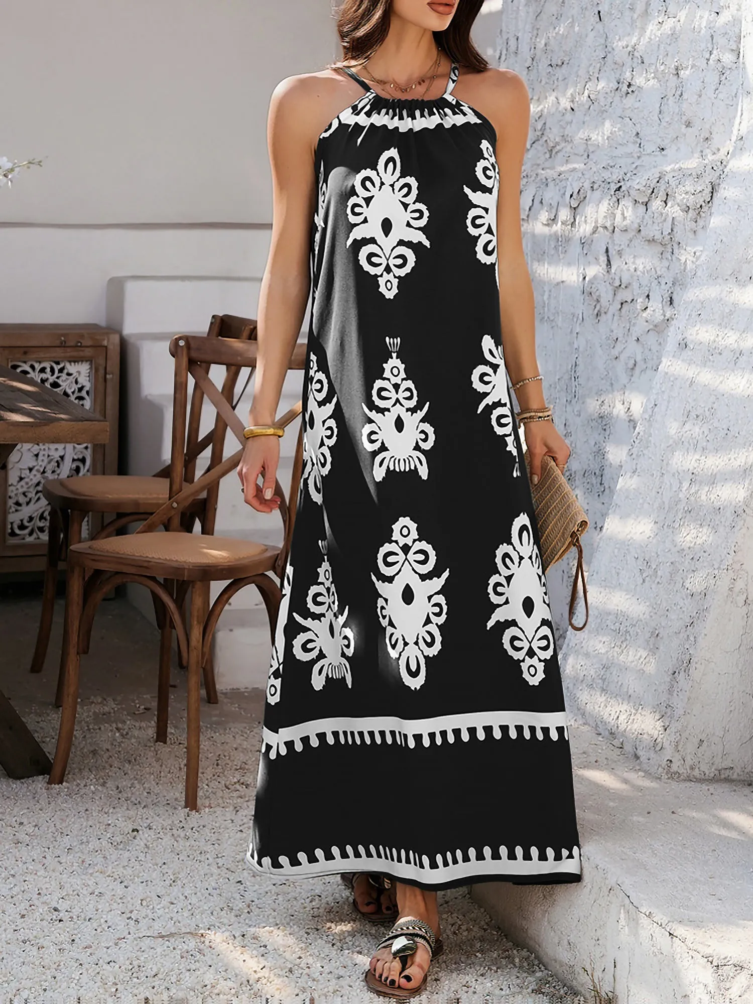 Bohemian Halter Neck Sleeveless Mxi Resort Dress sold by Allegra K