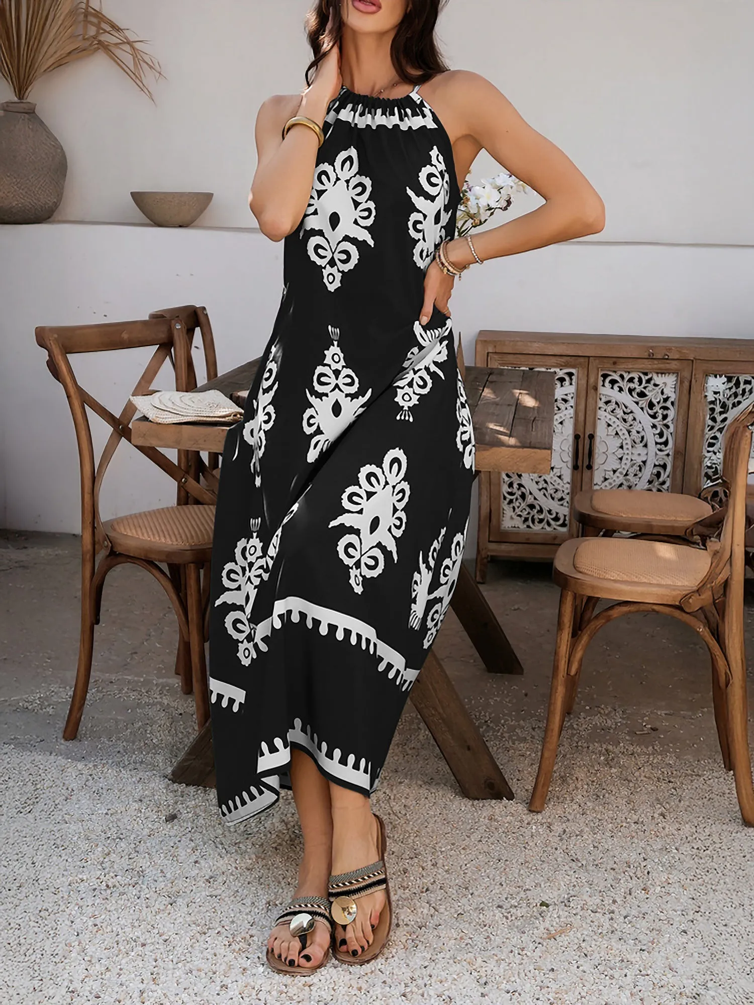 Bohemian Halter Neck Sleeveless Mxi Resort Dress sold by Allegra K product image thumbnail 4