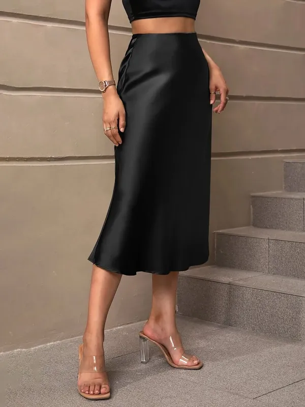 Solid Color Satin Fishtail Midi Skirt sold by Allegra K