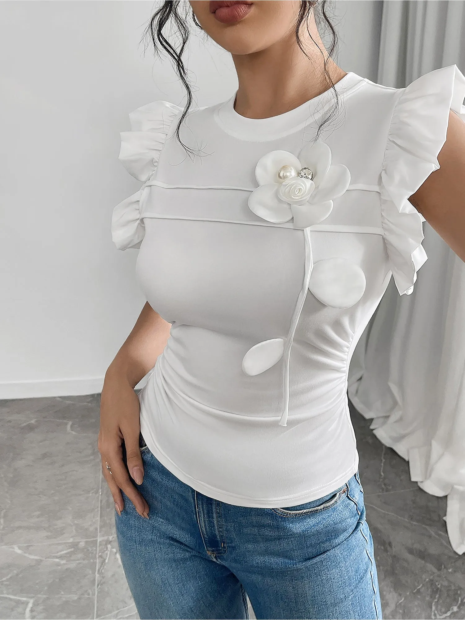 Ruffled Cap Sleeves Flower Decor Blouse sold by Allegra K product image thumbnail 5
