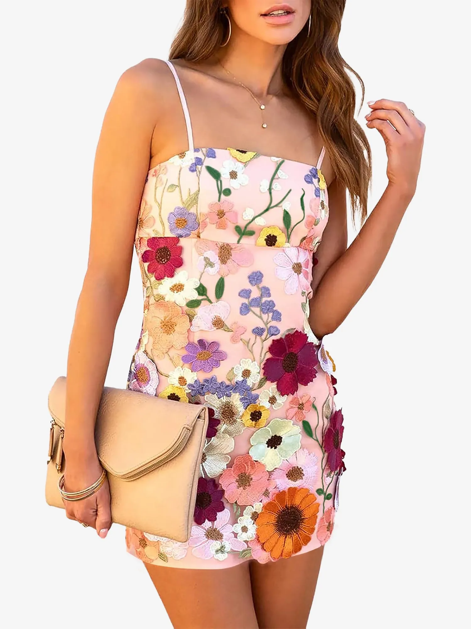 Floral Embroidery Spaghetti Strap Mini Dress sold by Allegra K