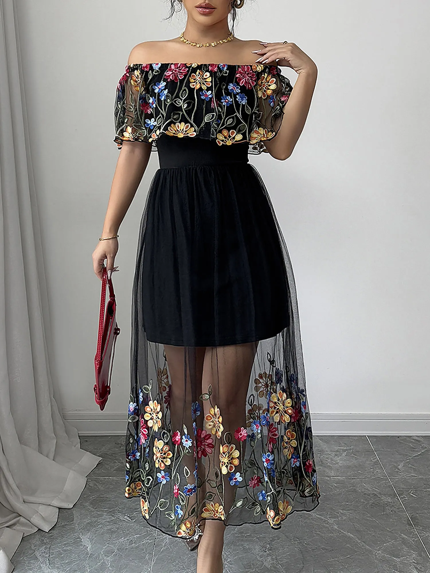 Floral Embroidered Mesh Off Shoulder Midi Dress sold by Allegra K