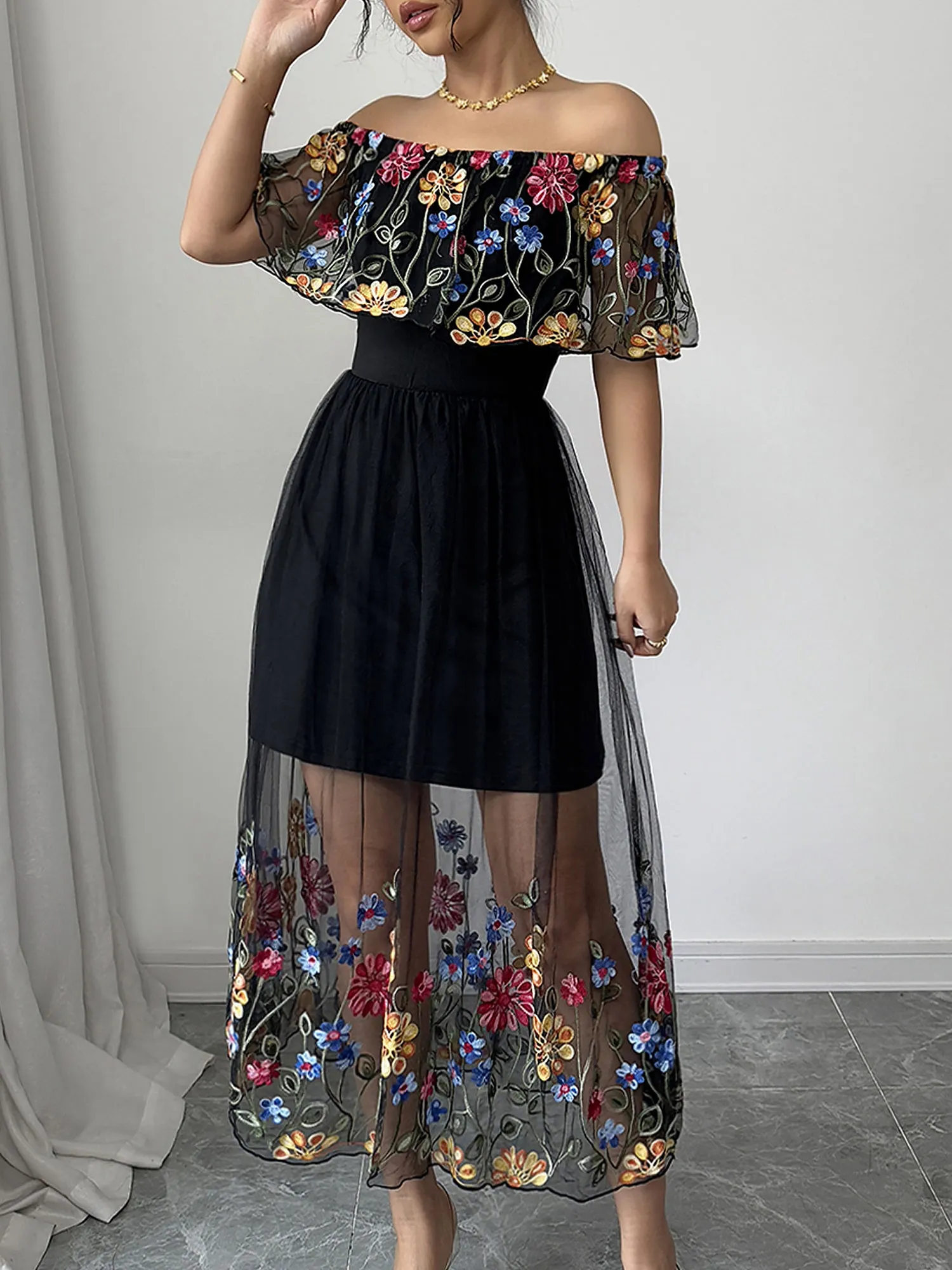 Floral Embroidered Mesh Off Shoulder Midi Dress sold by Allegra K product image thumbnail 5
