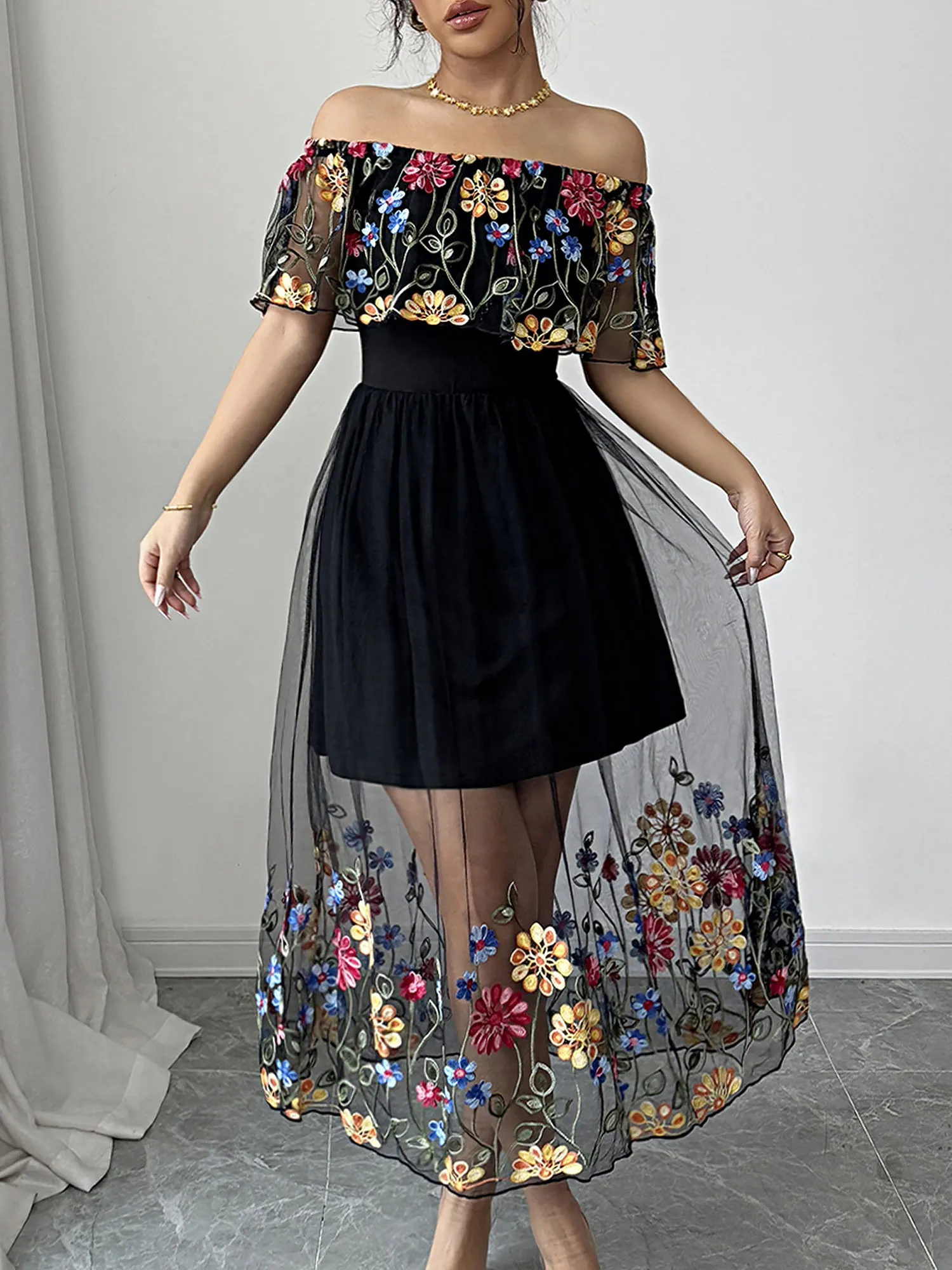 Floral Embroidered Mesh Off Shoulder Midi Dress sold by Allegra K product image thumbnail 3