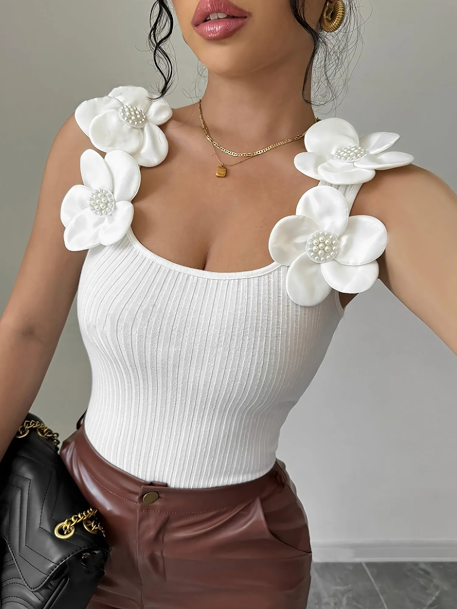 Flower Decor Sleeveless Solid Color Knit Top sold by Allegra K product image thumbnail 3