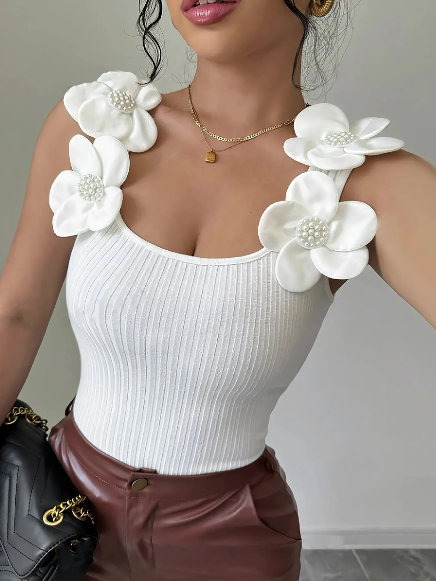 Flower Decor Sleeveless Solid Color Knit Top sold by Allegra K product image thumbnail 4