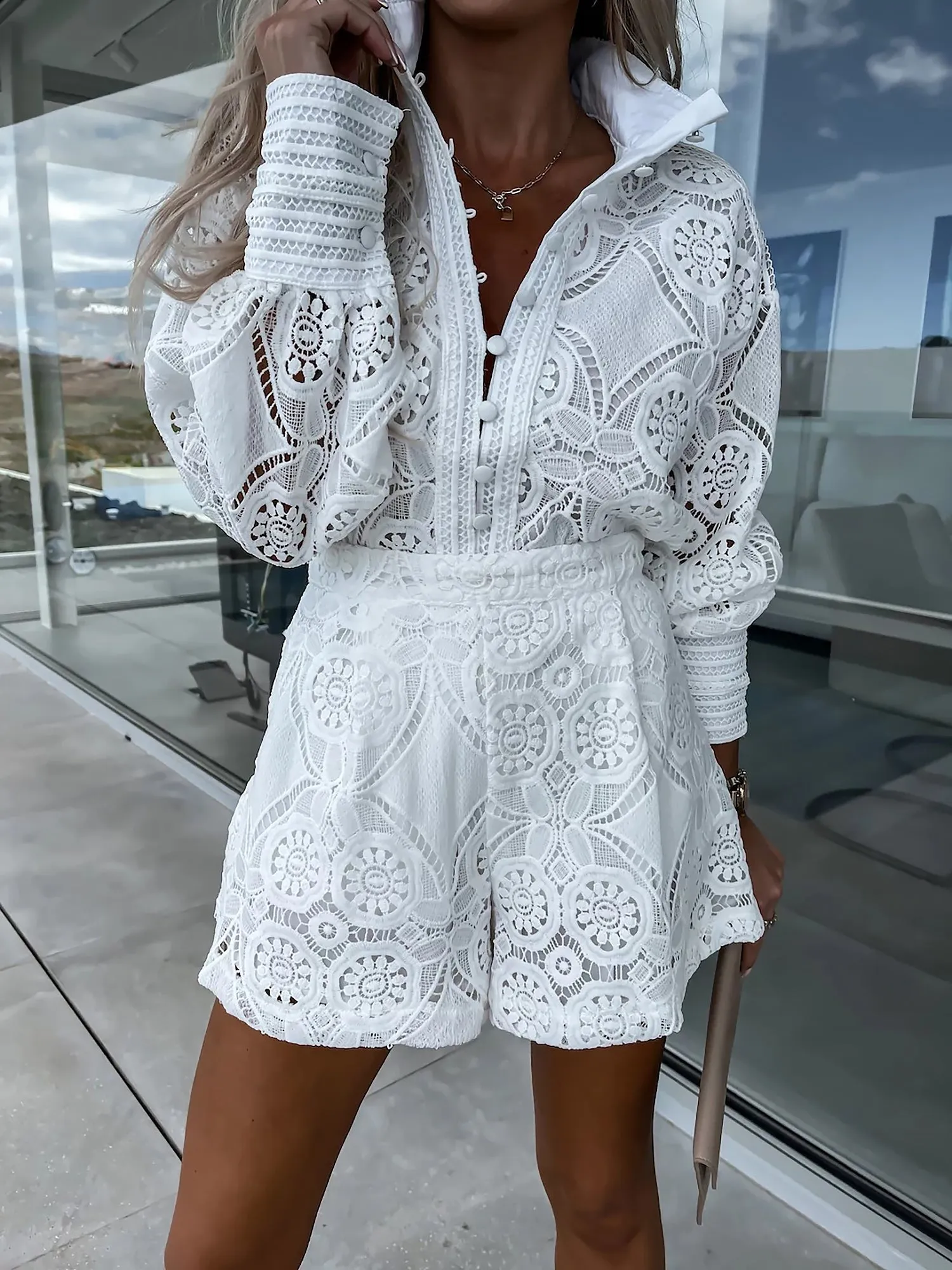 2 Pieces Boho Long Sleeves Eyelet Blouse & Shorts Set sold by Allegra K