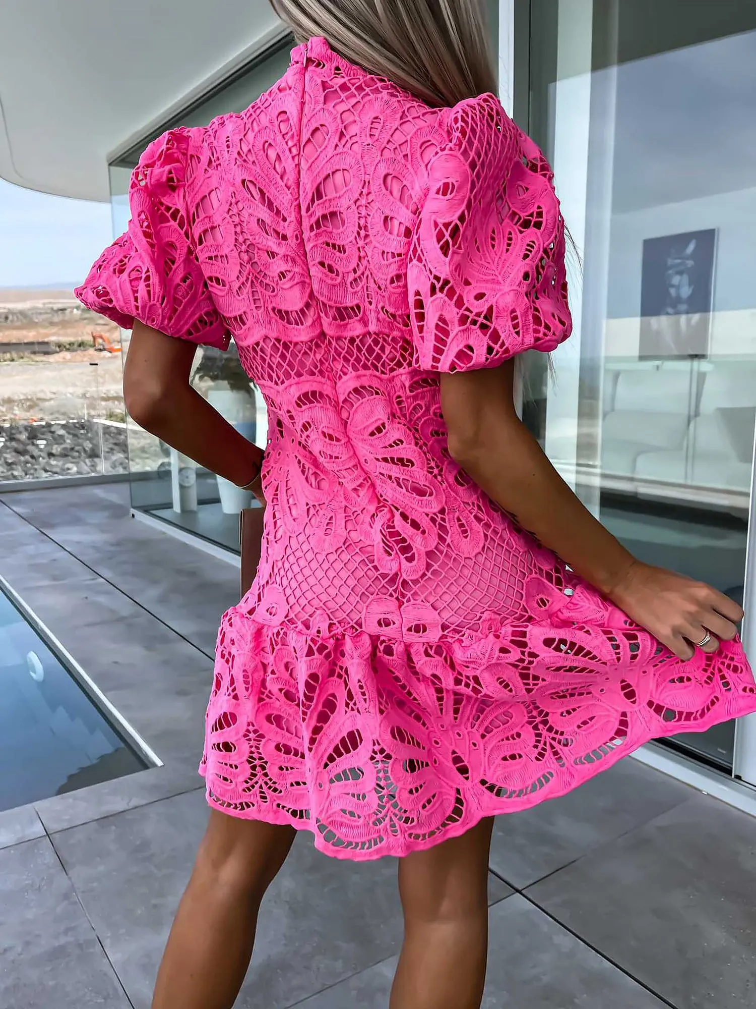 Premium Hollow Water Soluble Double-Layer Lace Elegant Breathable Commuter Dress sold by Allegra K product image thumbnail 3