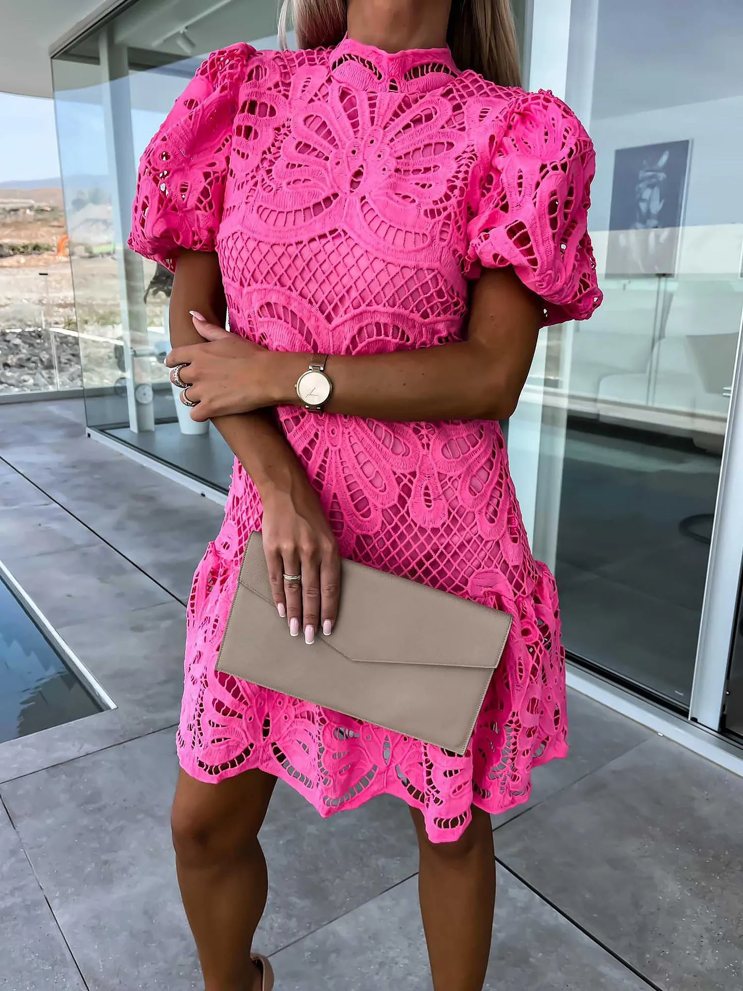 Premium Hollow Water Soluble Double-Layer Lace Elegant Breathable Commuter Dress sold by Allegra K product image thumbnail 5