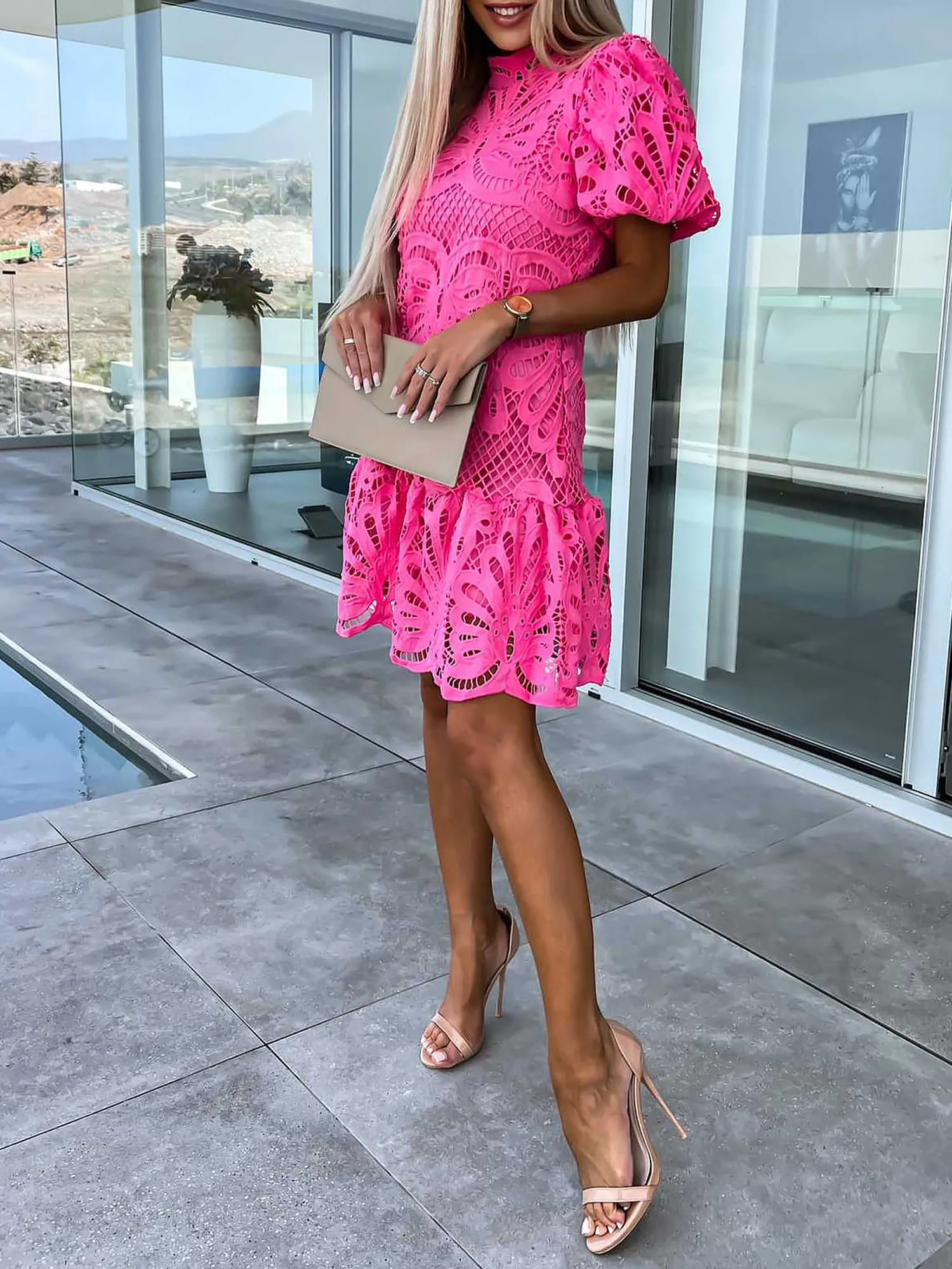 Premium Hollow Water Soluble Double-Layer Lace Elegant Breathable Commuter Dress sold by Allegra K product image thumbnail 2