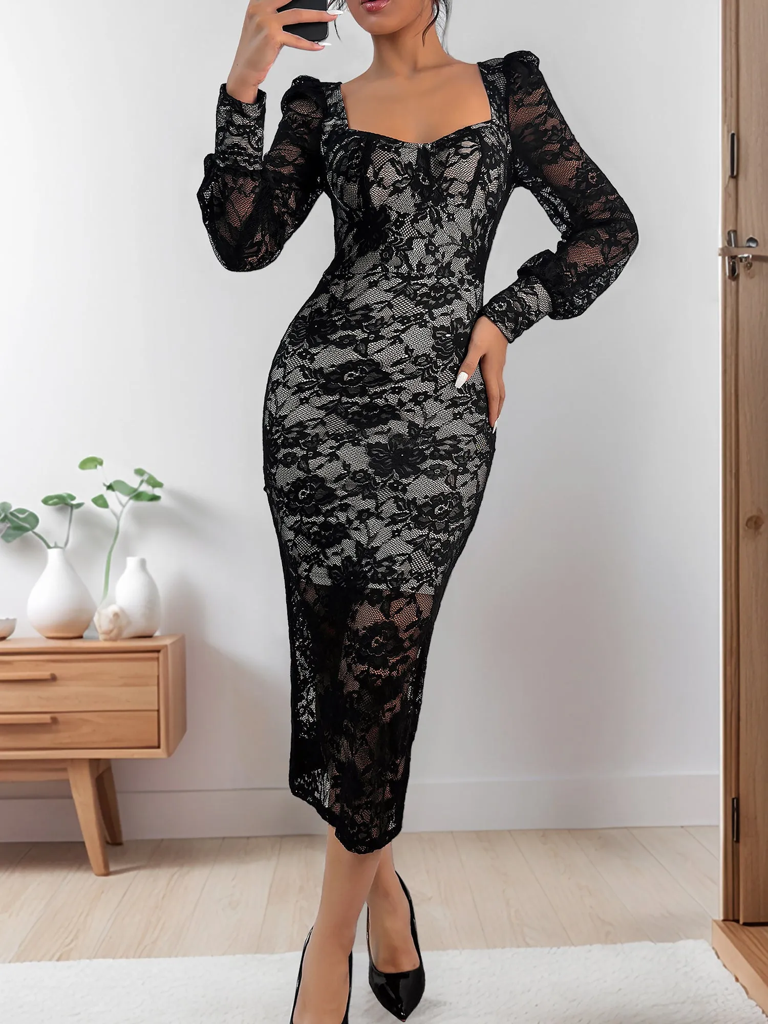 Lace Puff Long Sleeves Bodycon Midi Dress sold by Allegra K product image thumbnail 4