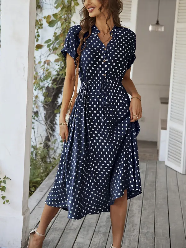 Polka Dot Short Sleeves Button Midi Shirt Dress sold by Allegra K
