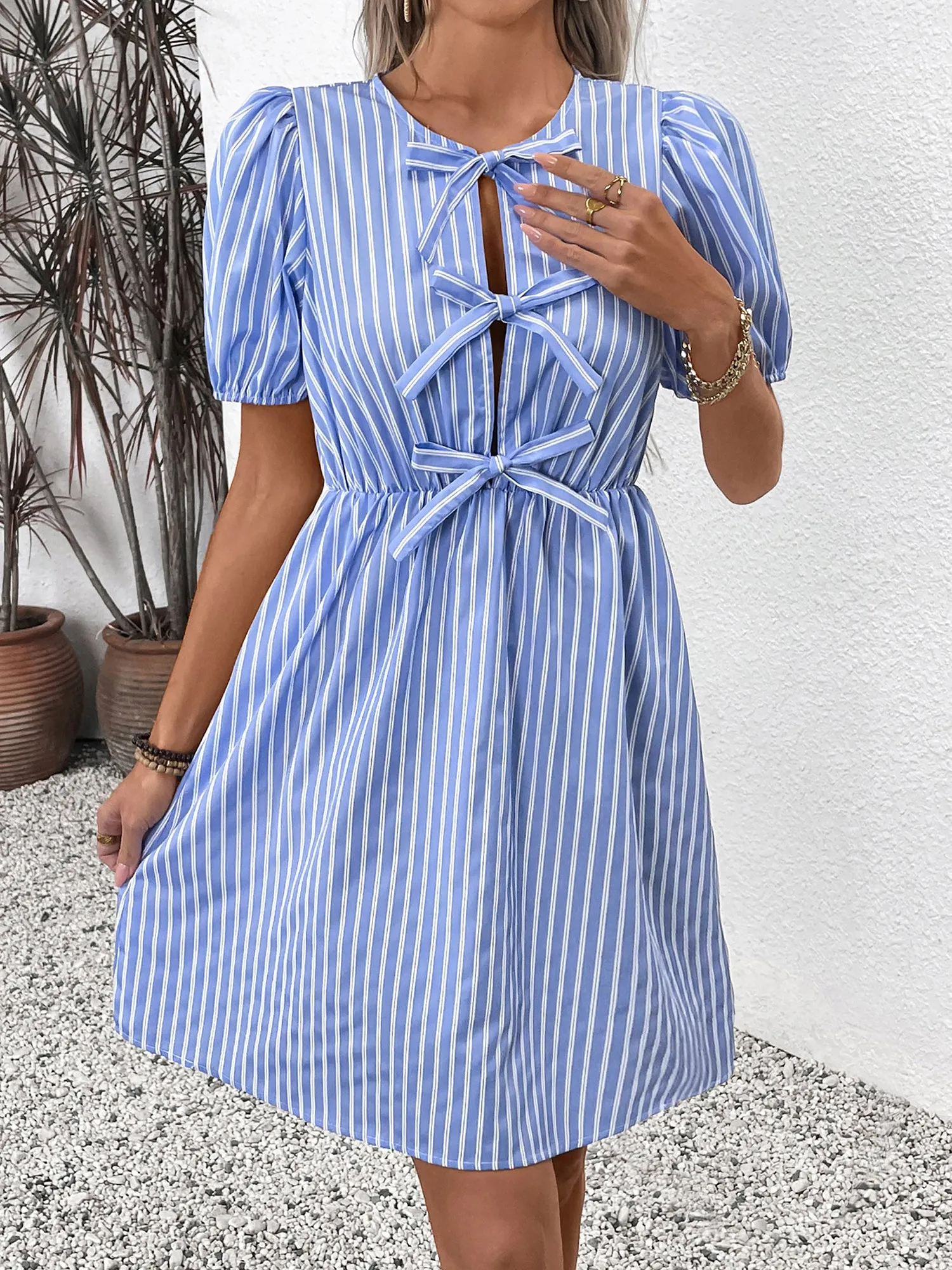 Striped Round Neck Bow A-Line Midi Dress sold by Allegra K product image thumbnail 4