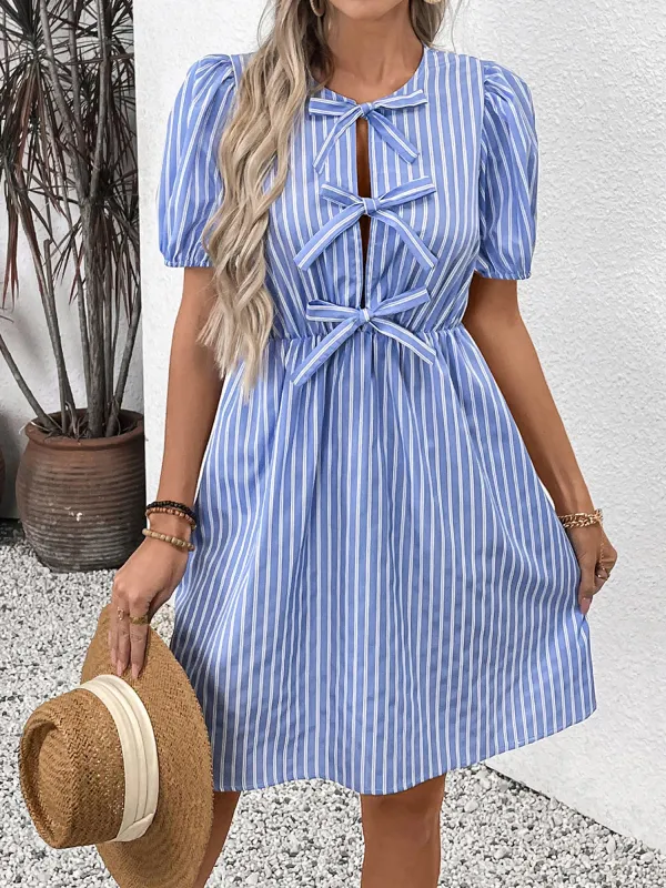 Striped Round Neck Bow A-Line Midi Dress sold by Allegra K