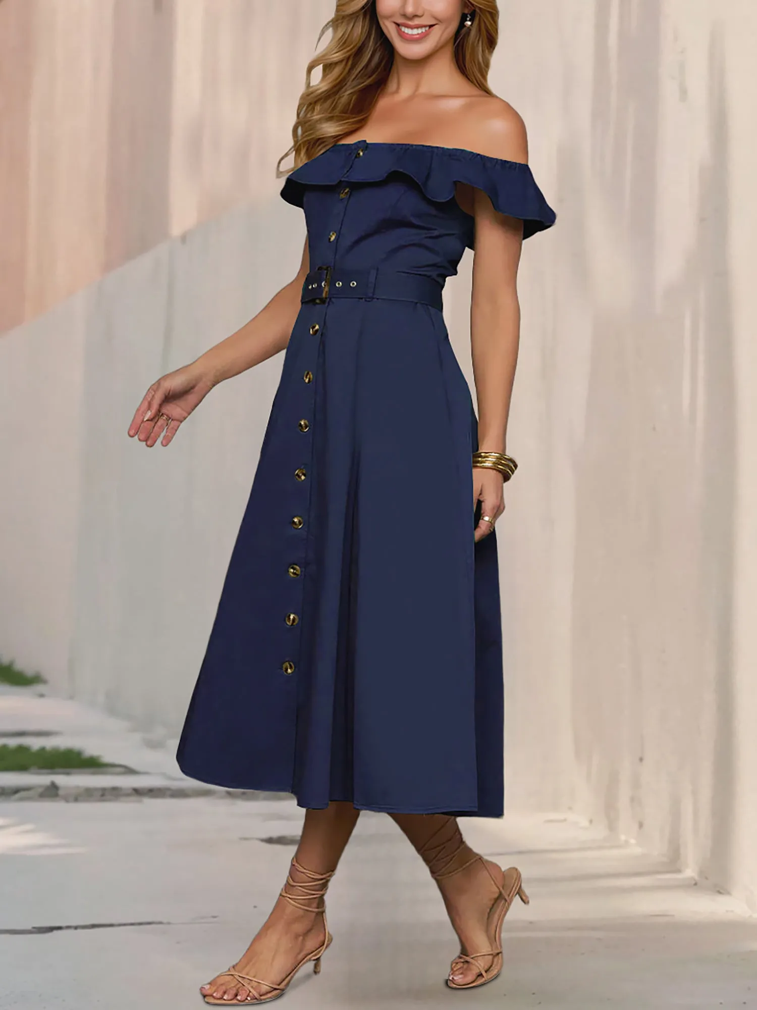 Off Shoulder Button Down Belted A-Line Dress sold by Allegra K product image thumbnail 2