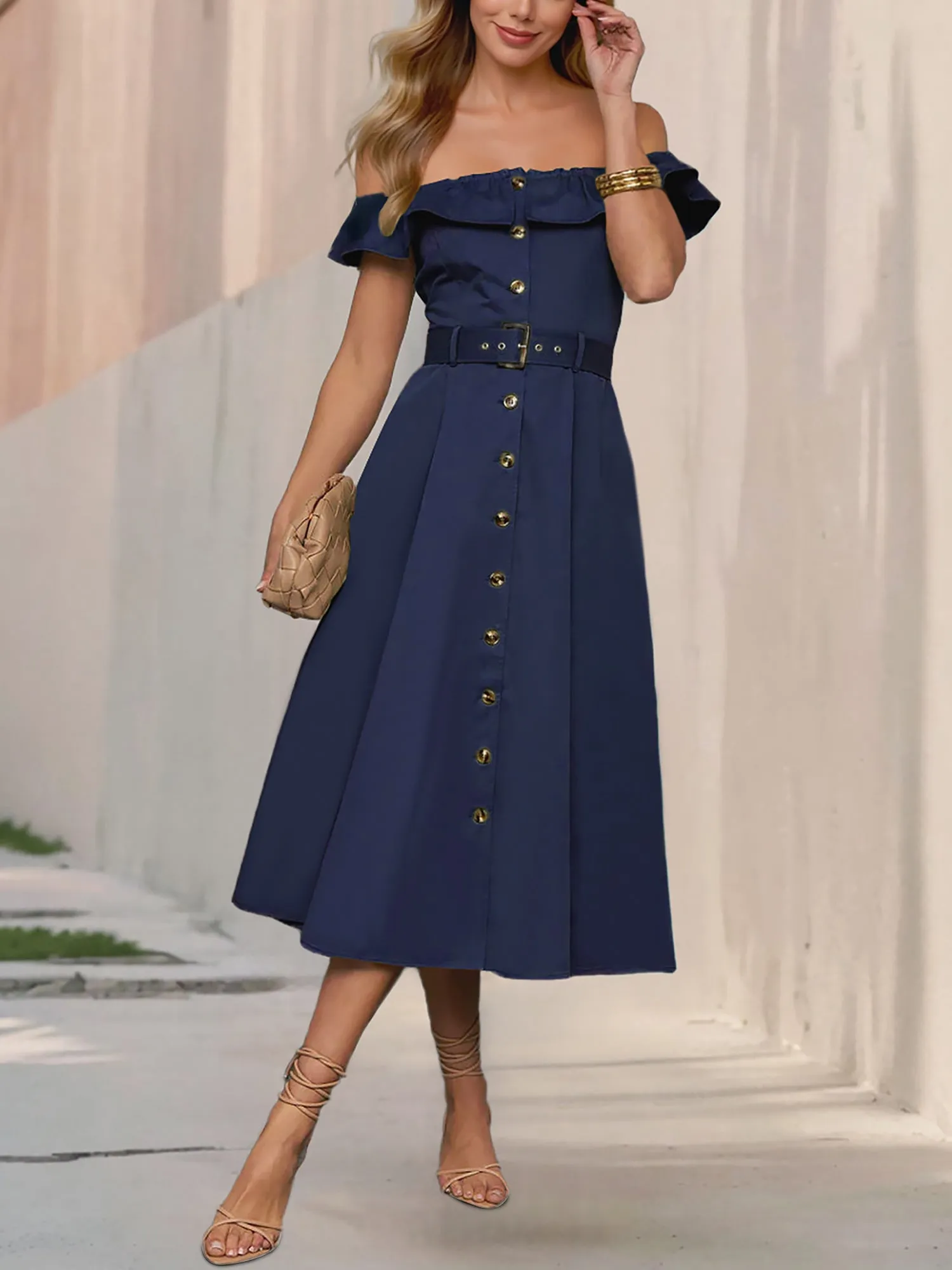 Off Shoulder Button Down Belted A-Line Dress sold by Allegra K