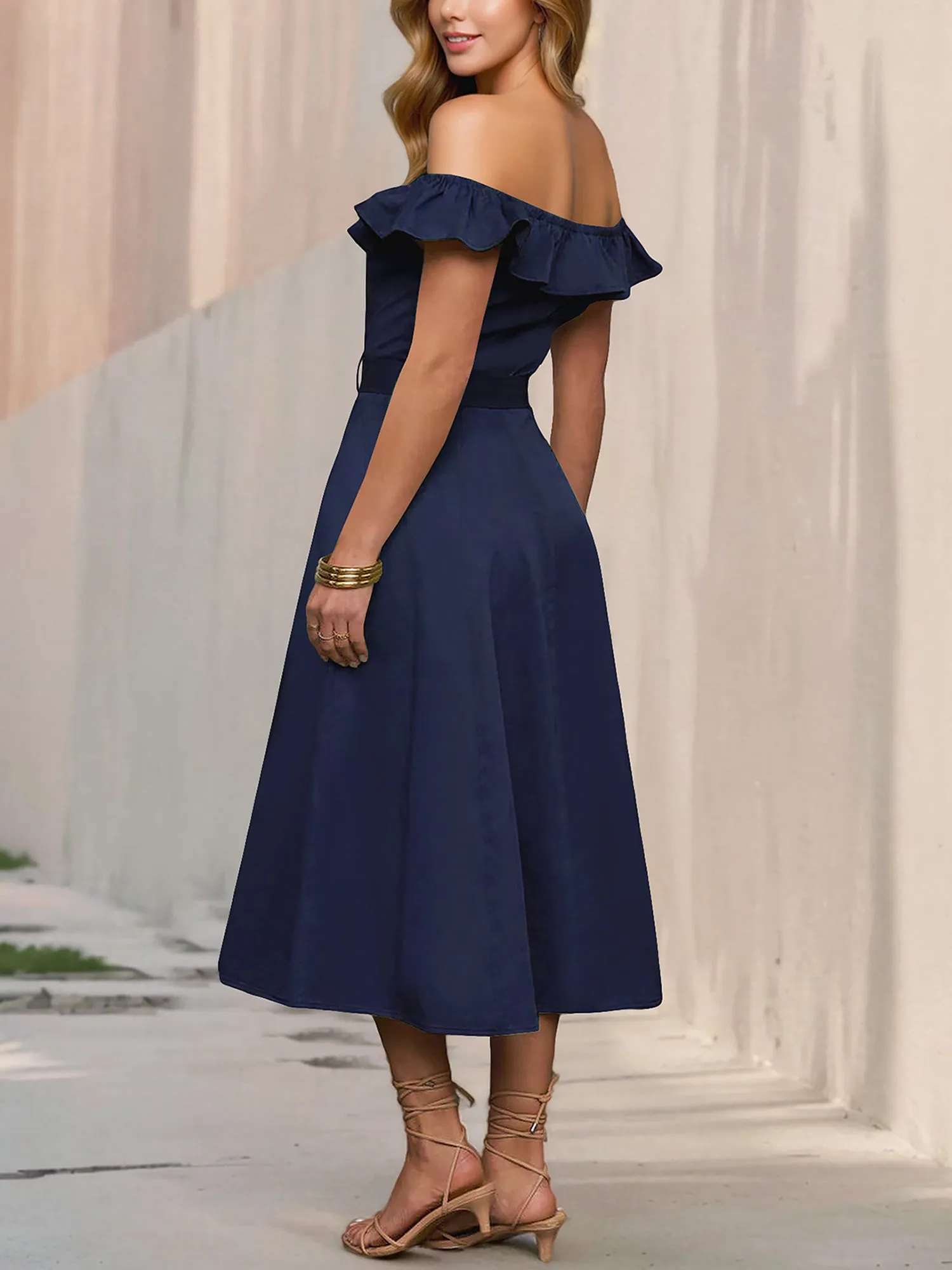 Off Shoulder Button Down Belted A-Line Dress sold by Allegra K product image thumbnail 3