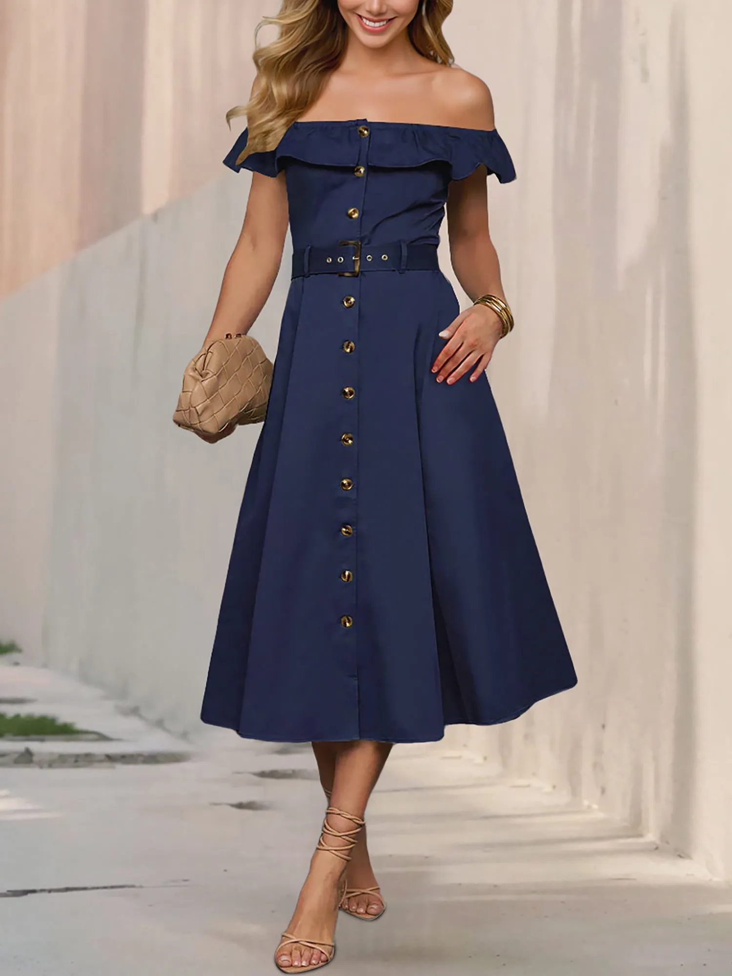 Off Shoulder Button Down Belted A-Line Dress sold by Allegra K product image thumbnail 4