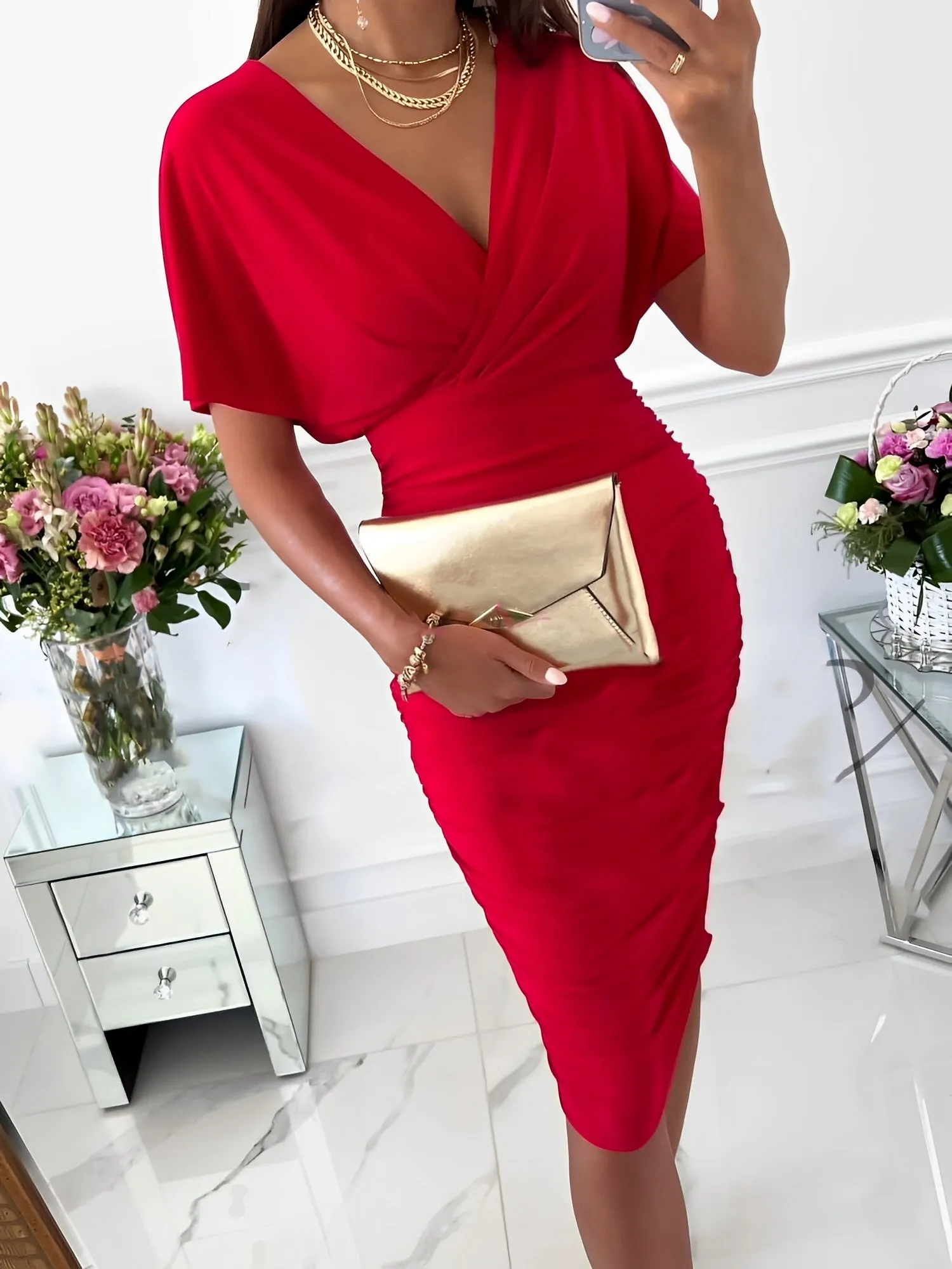 V Neck Short Sleeves Ruched Bodycon Midi Dress sold by Allegra K product image thumbnail 5