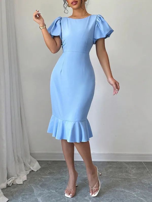 Round Neck Puff Sleeve Ruffled Fishtail Dress sold by Allegra K