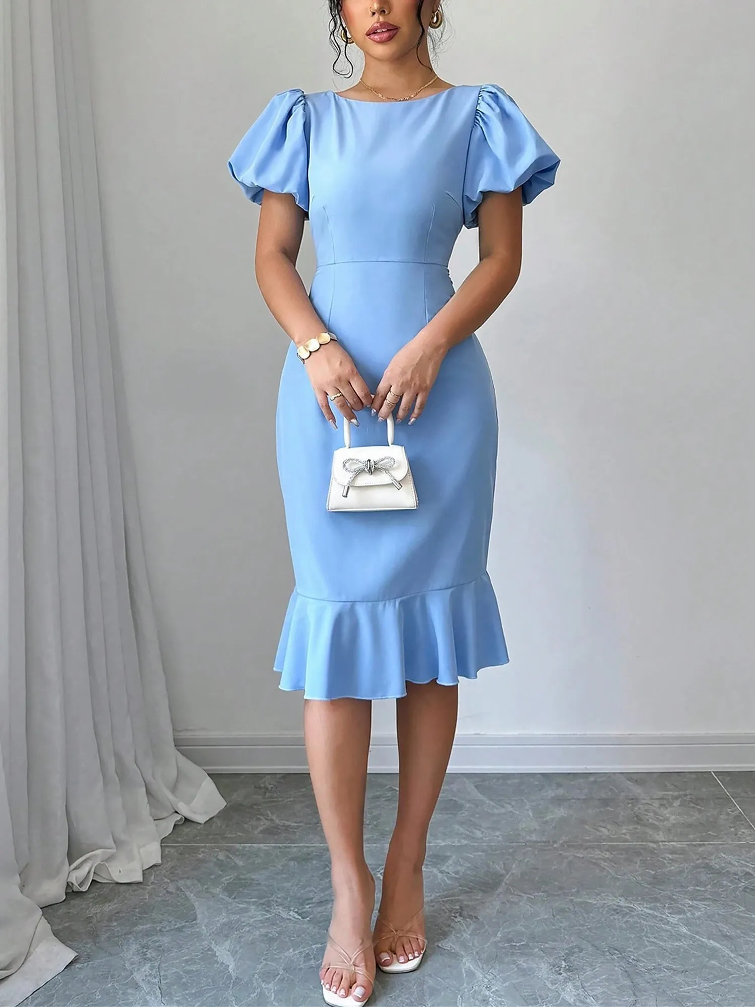 Round Neck Puff Sleeve Ruffled Fishtail Dress sold by Allegra K product image thumbnail 3