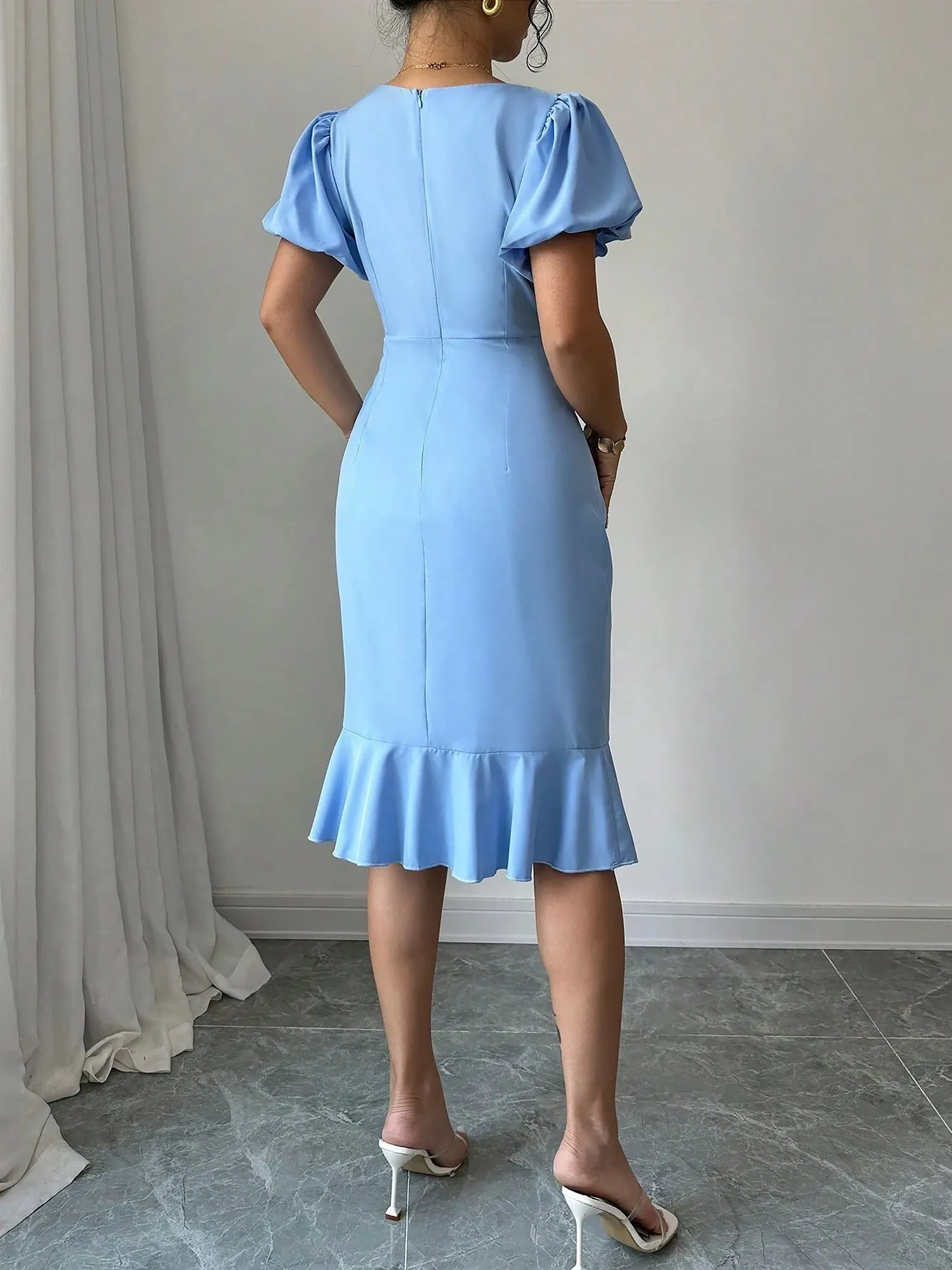 Round Neck Puff Sleeve Ruffled Fishtail Dress sold by Allegra K product image thumbnail 2