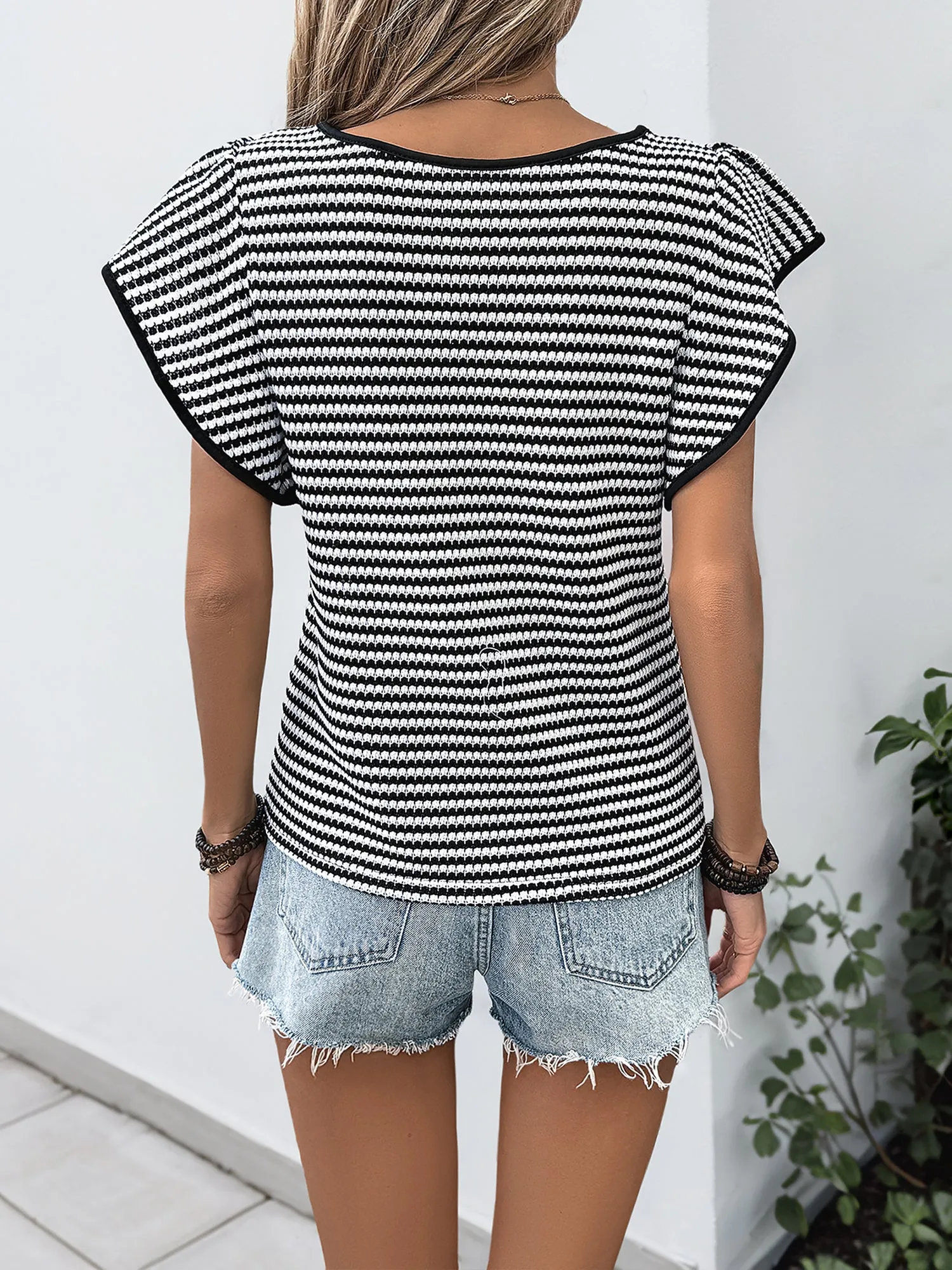 Round Neck Short Flare Sleeves Striped Blouse sold by Allegra K product image thumbnail 3
