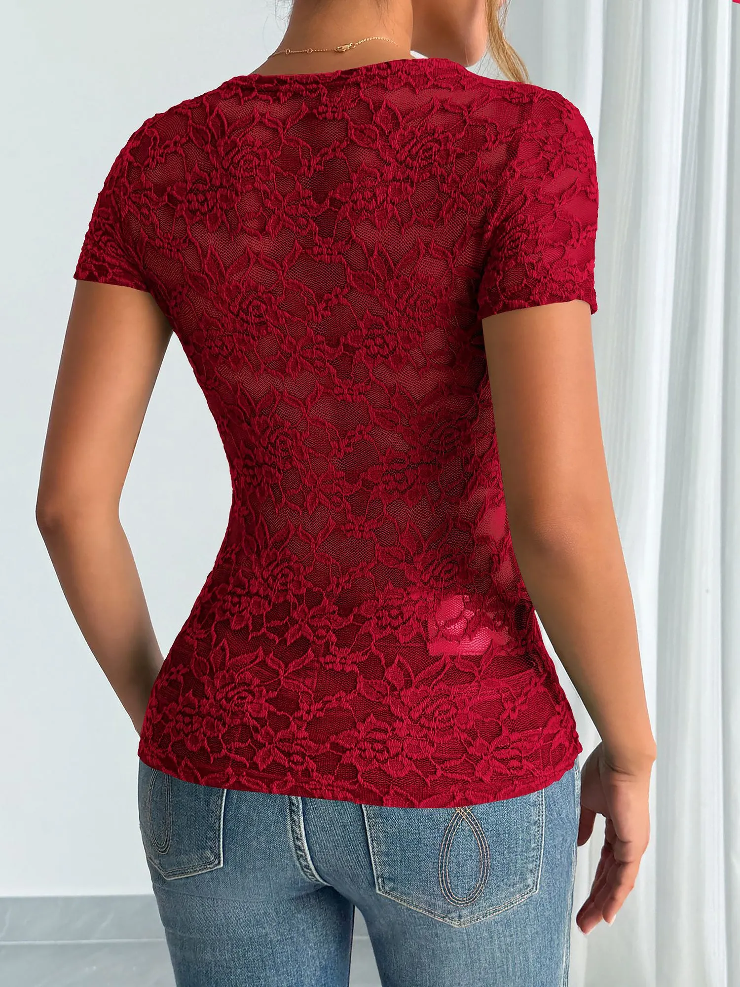 Solid Color Lace V Neck Short Sleeves Blouse sold by Allegra K product image thumbnail 5