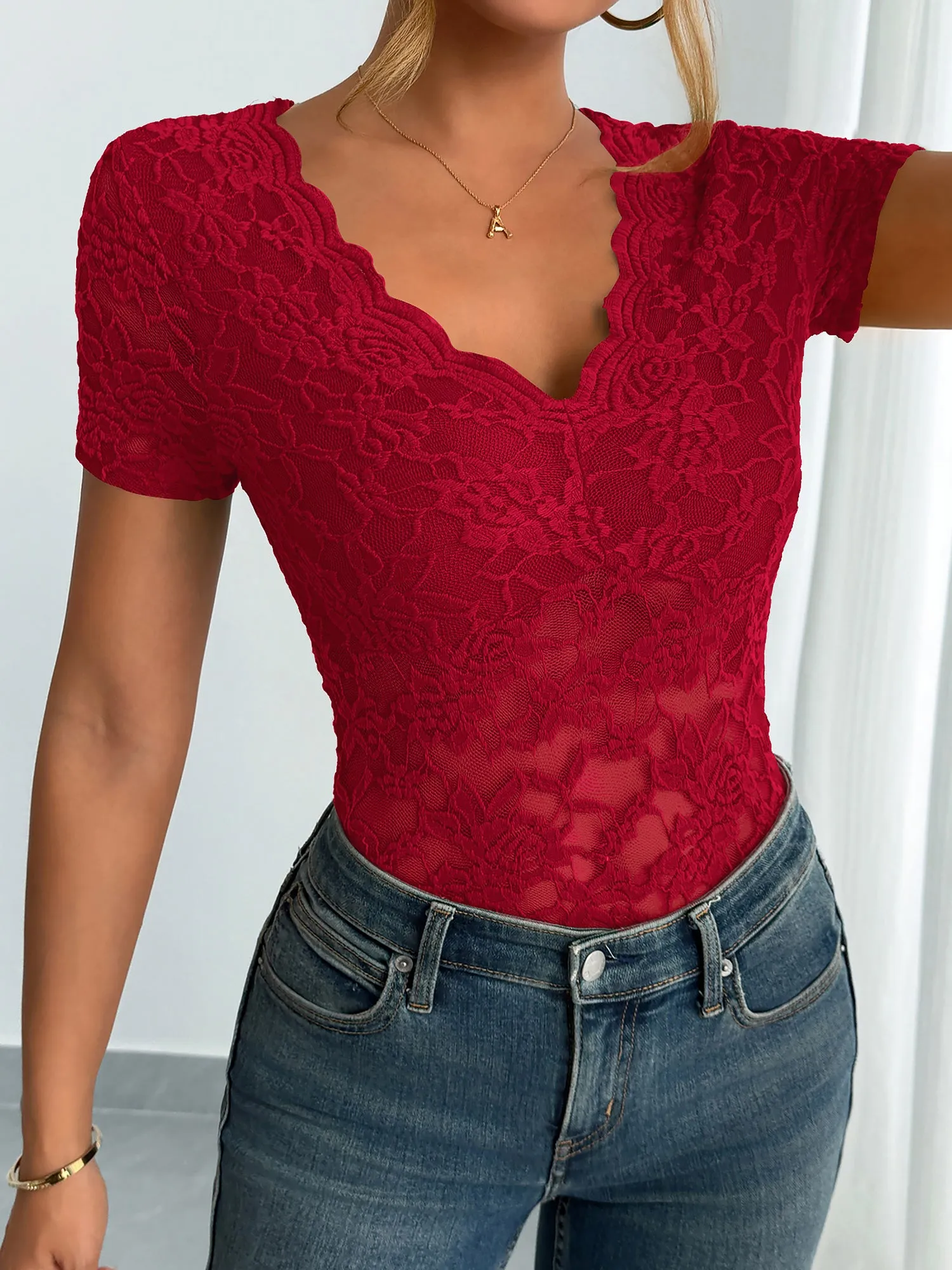 Solid Color Lace V Neck Short Sleeves Blouse sold by Allegra K