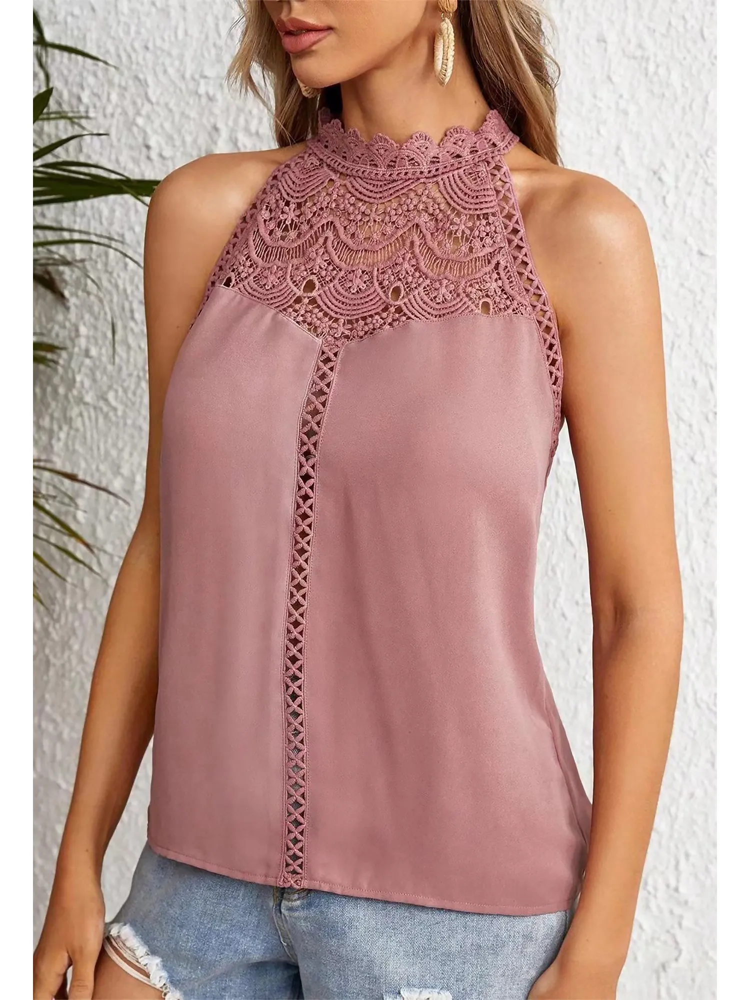 Halter Neck Sleeveless Lace Patchwork Blouse sold by Allegra K product image thumbnail 3