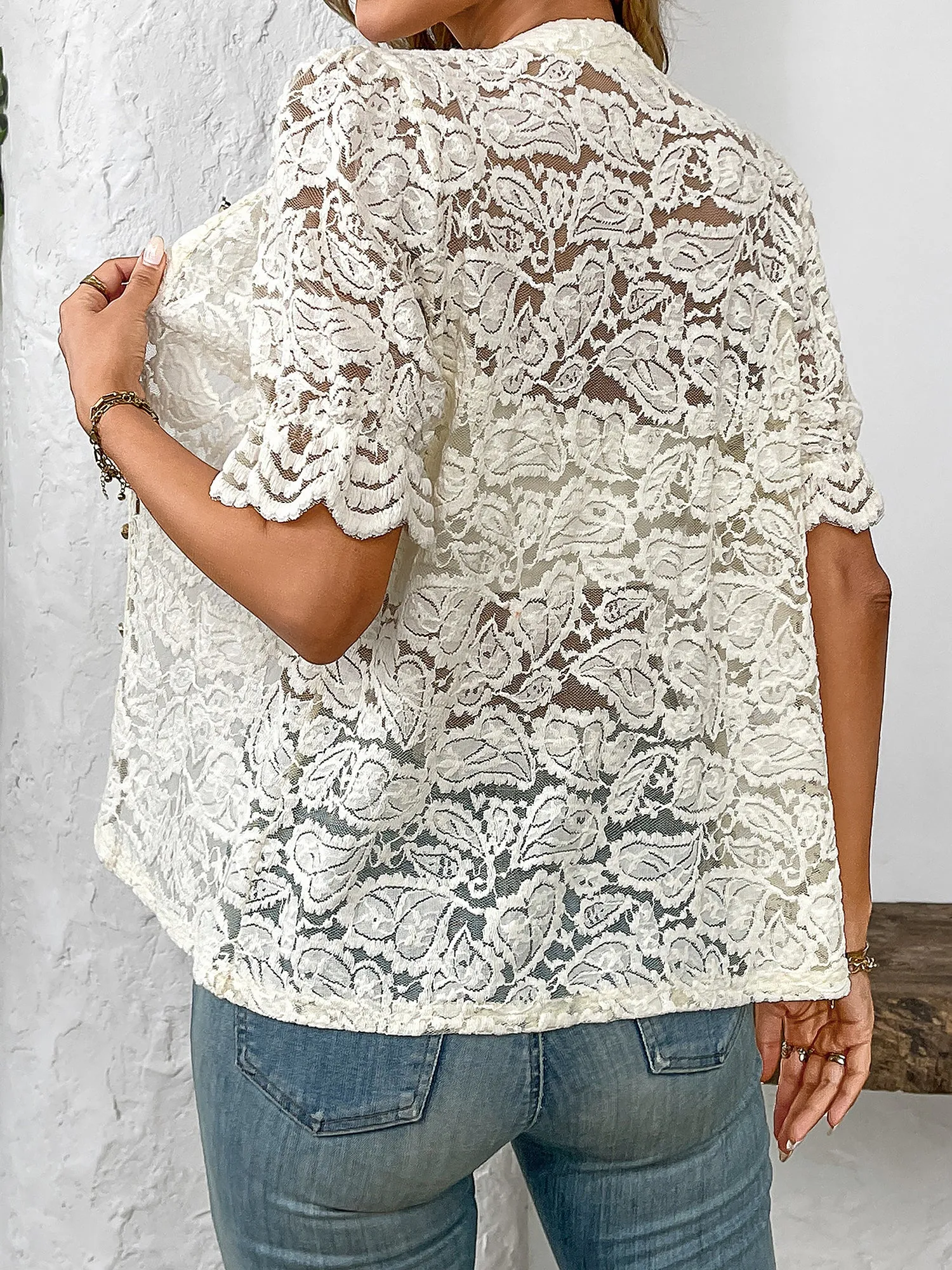 Lace Round Neck Short Sleeve Sheer Blouse sold by Allegra K product image thumbnail 4