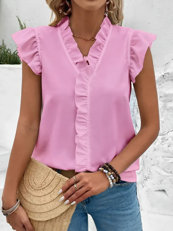 Ruffled Short Sleeves Solid Color Blouse sold by Allegra K