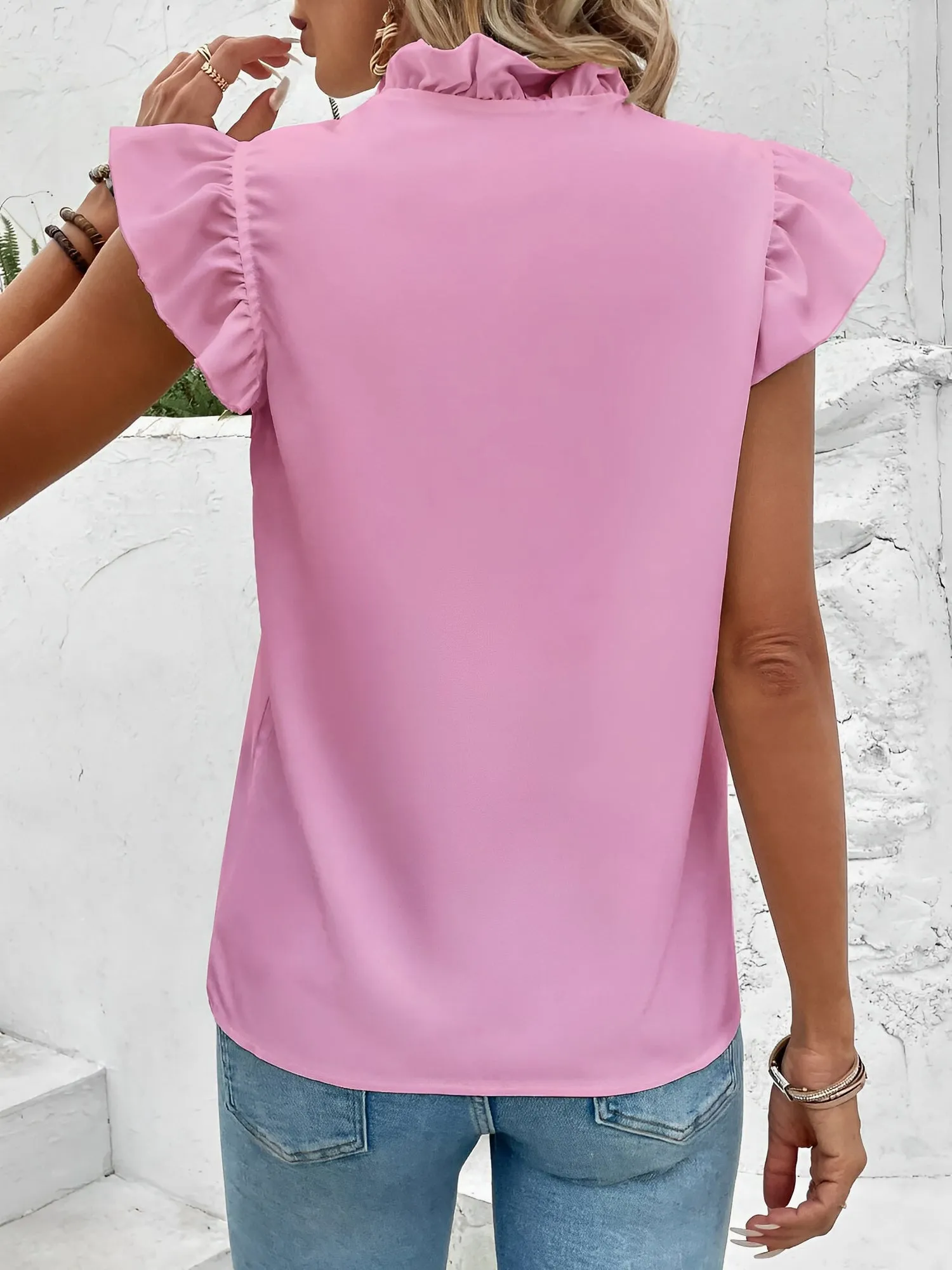 Ruffled Short Sleeves Solid Color Blouse sold by Allegra K product image thumbnail 4