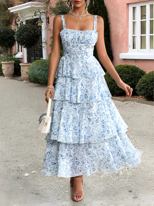 Floral Sleeveless Tie Back Tiered Maxi Dress sold by Allegra K