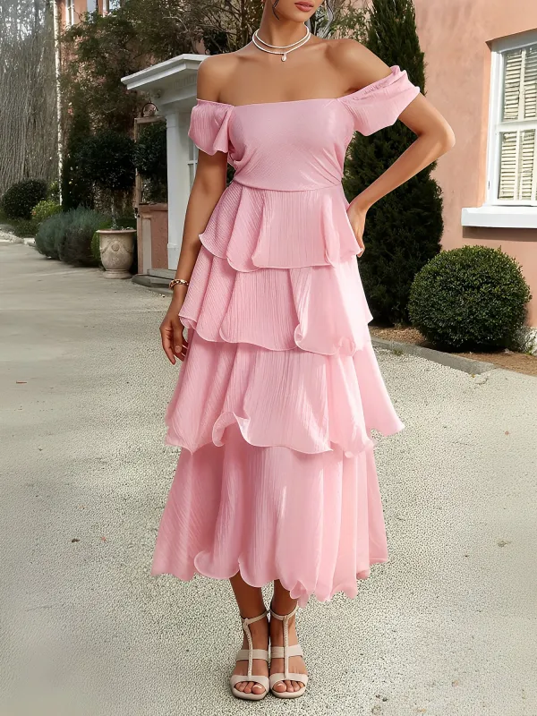 Off Shoulder Short Sleeves Tiered Midi Dress sold by Allegra K