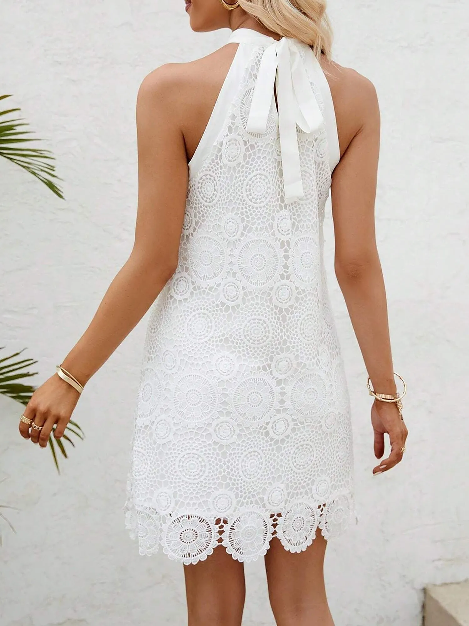 Lace Solid Color Halter Neck Sleeveless Mini Dress sold by Allegra K product image thumbnail 5