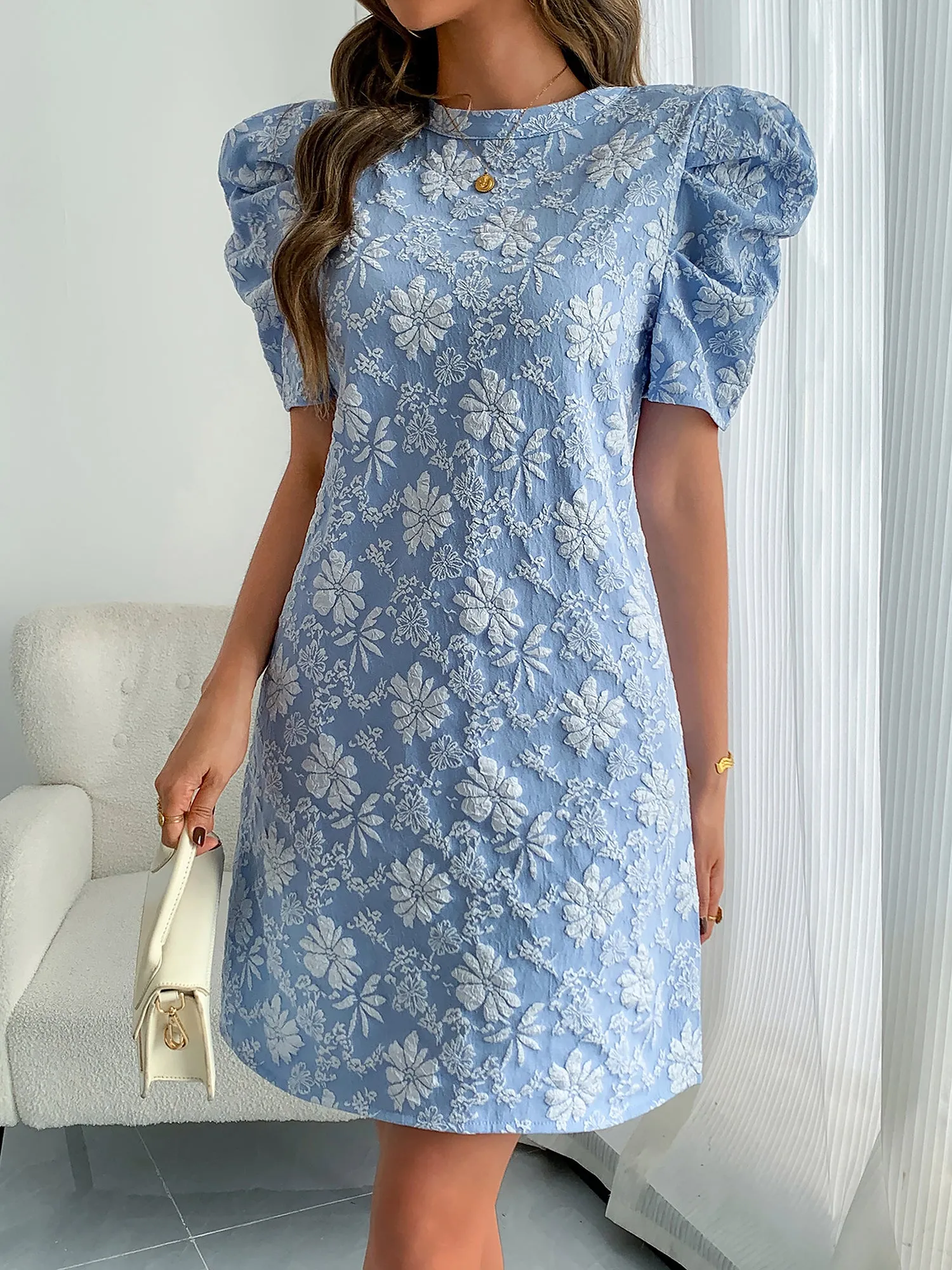Puff Short Sleeve Flower Textured Mini Dress sold by Allegra K product image thumbnail 3