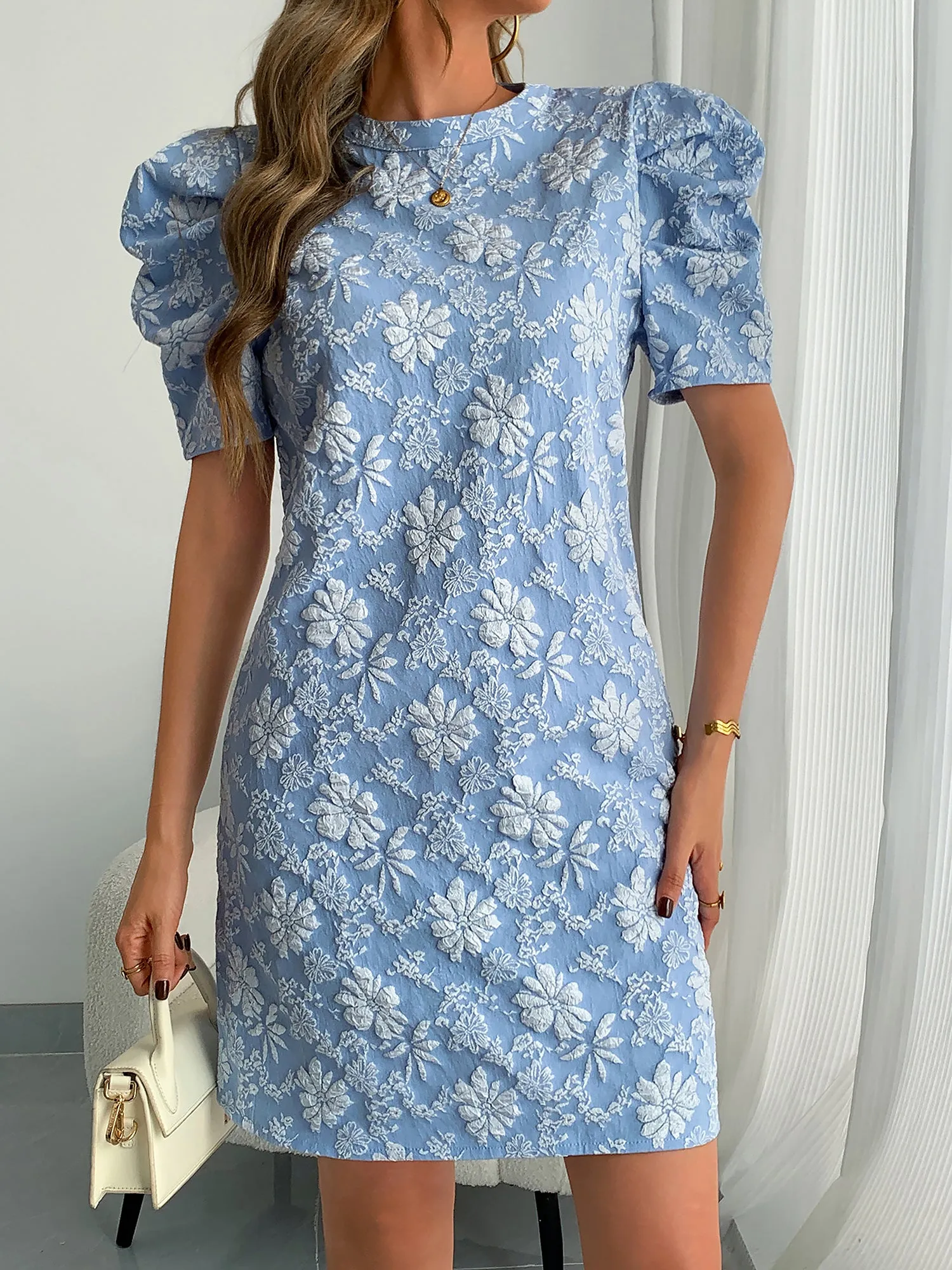 Puff Short Sleeve Flower Textured Mini Dress sold by Allegra K product image thumbnail 2