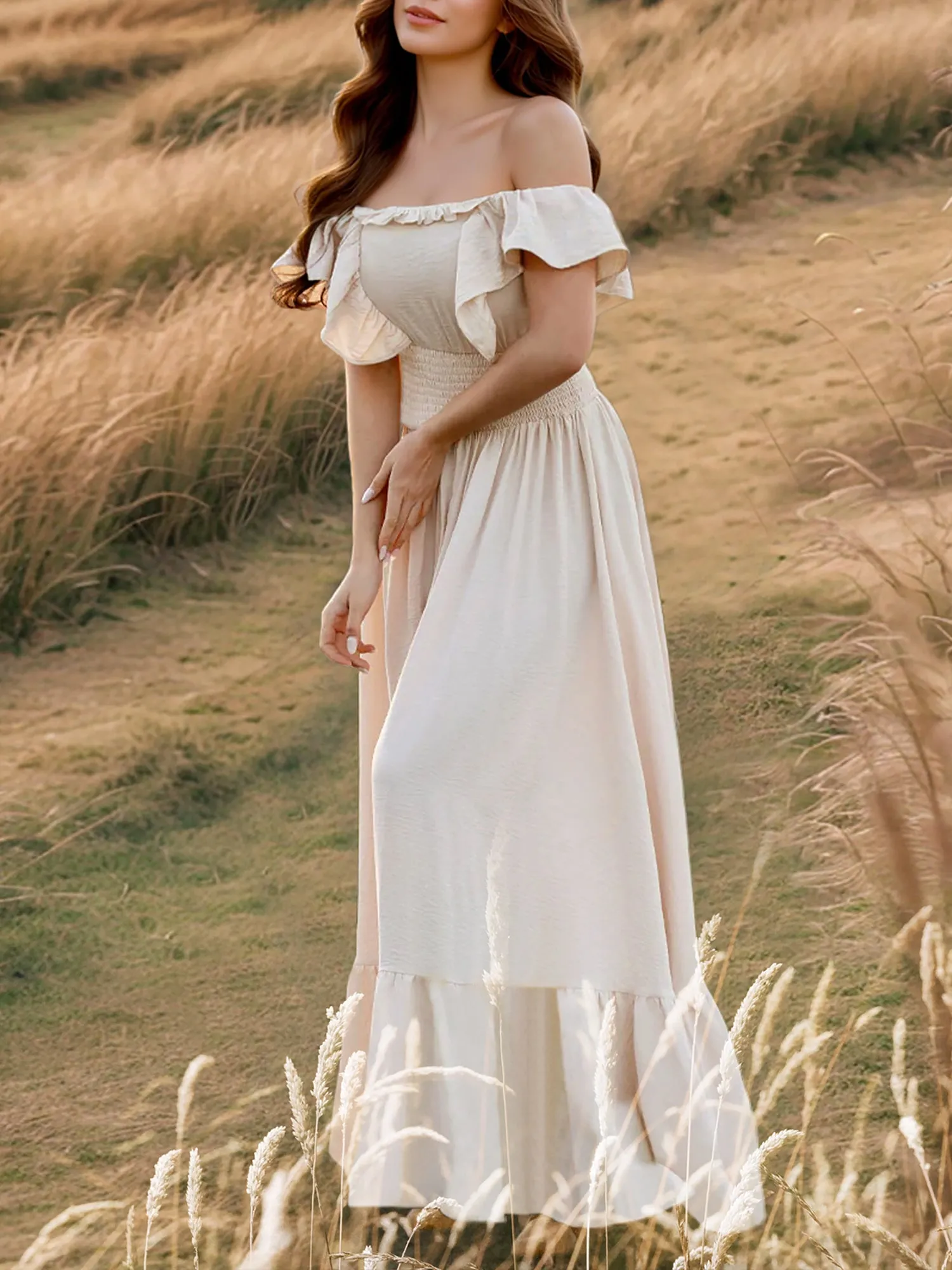 Off Shoulder Ruffled Solid Color Maxi Dress sold by Allegra K product image thumbnail 3