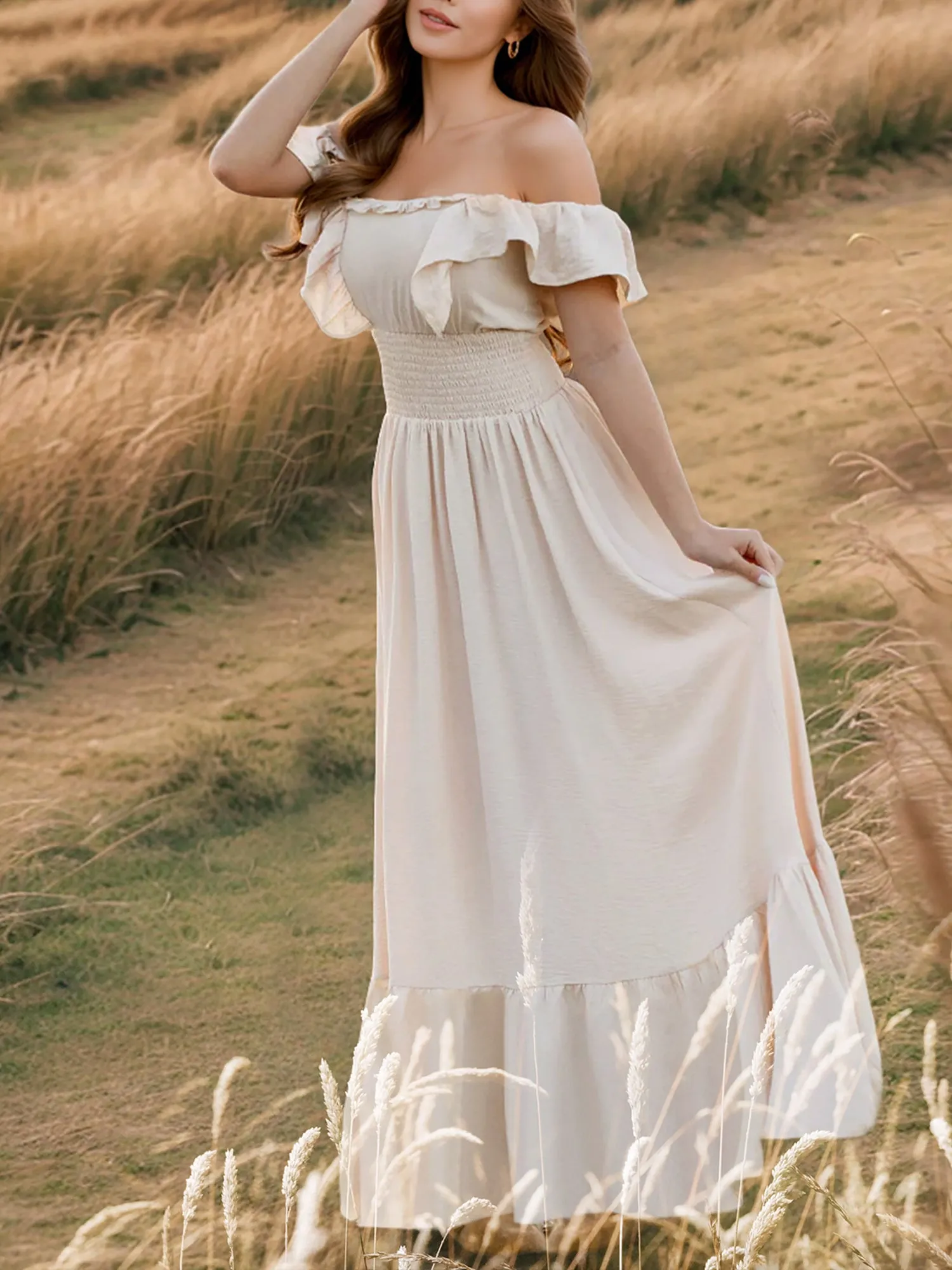 Off Shoulder Ruffled Solid Color Maxi Dress sold by Allegra K product image thumbnail 2