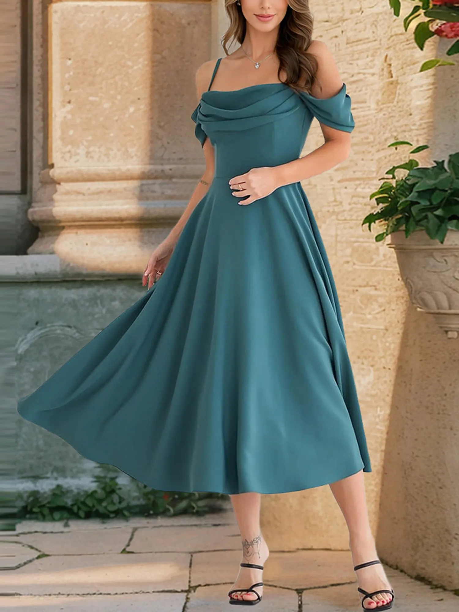 Elegant Cold Shoulder Spaghetti Strap Midi A-Line Off-Shoulder & Flared Silhouette Summer Dress sold by Allegra K