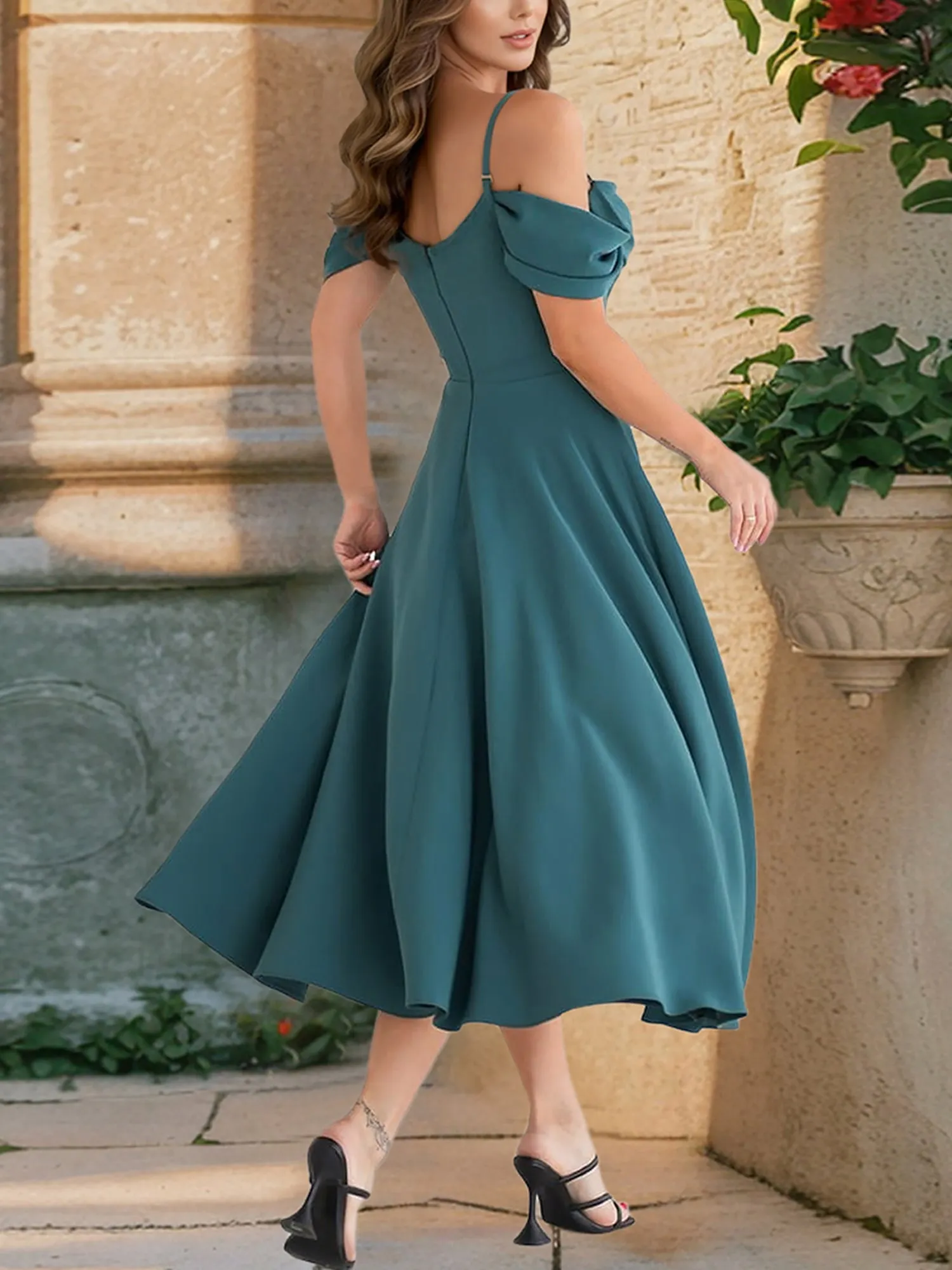 Elegant Cold Shoulder Spaghetti Strap Midi A-Line Off-Shoulder & Flared Silhouette Summer Dress sold by Allegra K product image thumbnail 2