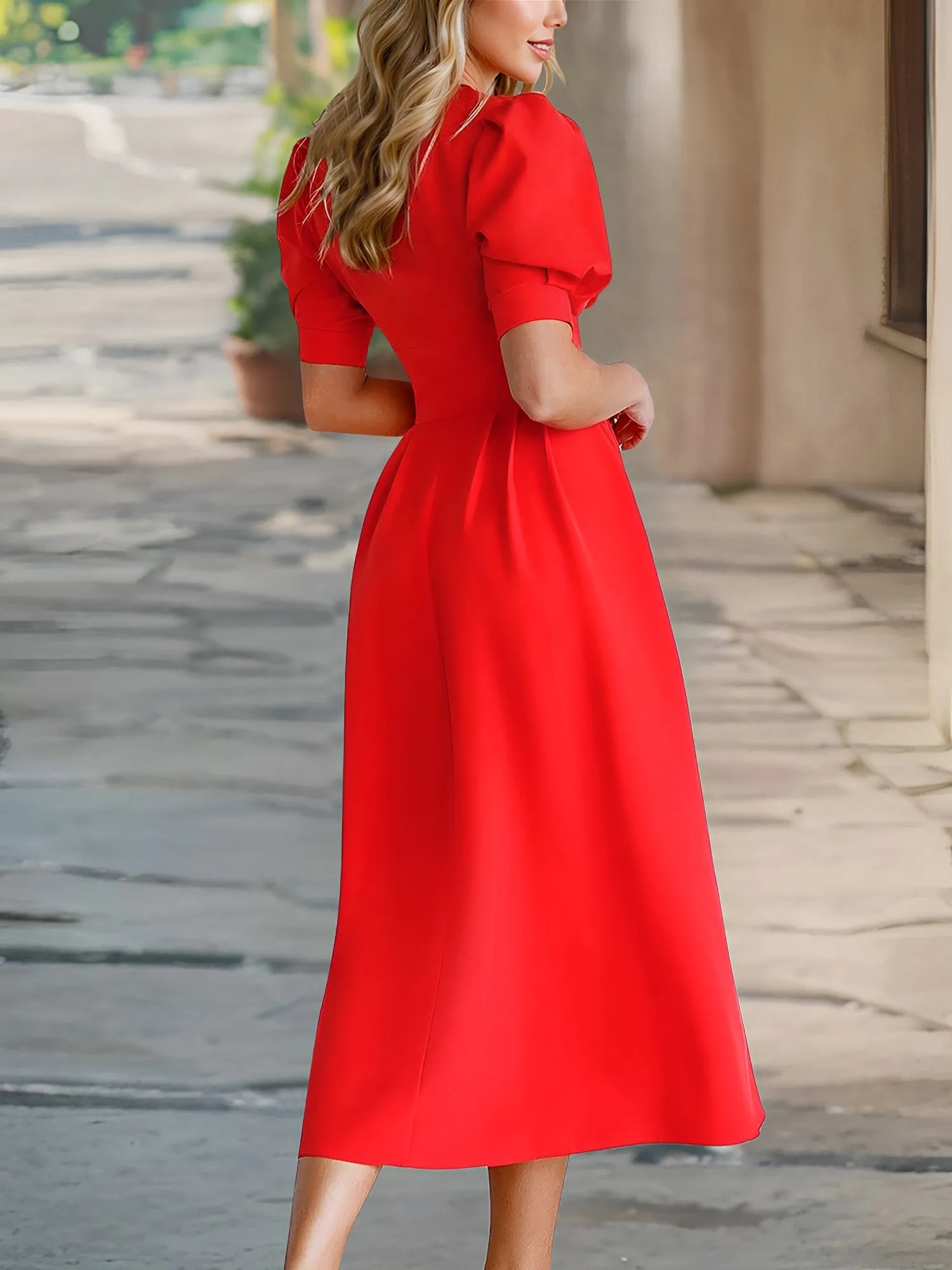Solid Color Pleated V Neck Puff Sleeve Midi Dress Ruched Wais A-Line Gathered Skirt and Flattering Office Style sold by Allegra K product image thumbnail 2
