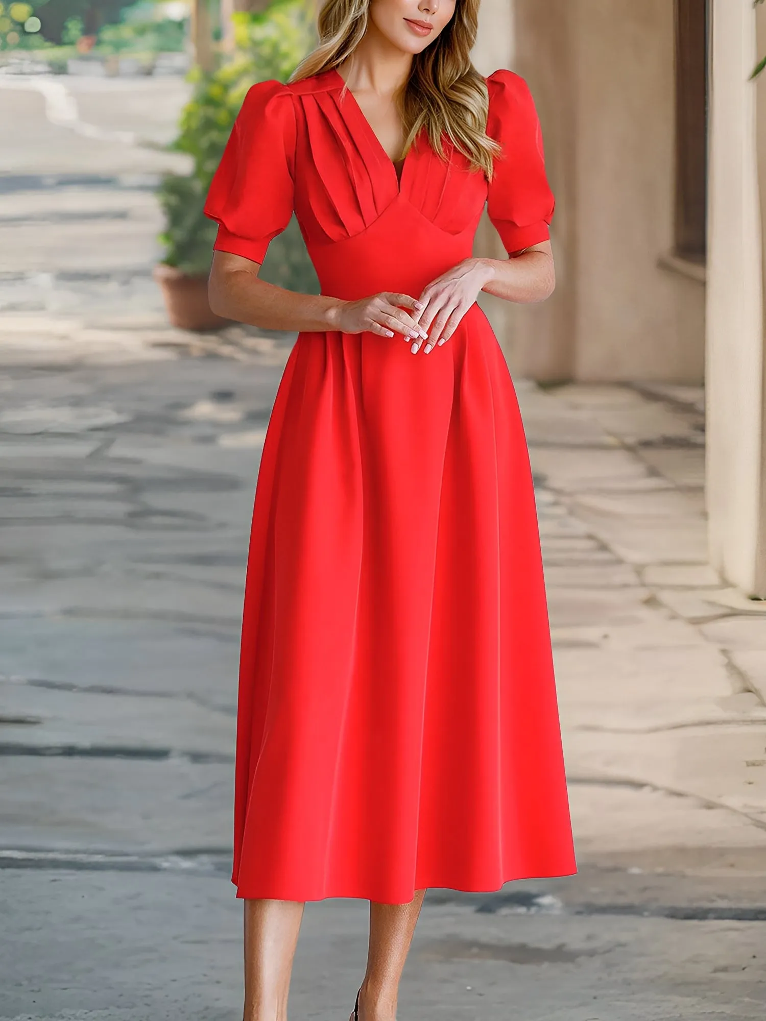 Solid Color Pleated V Neck Puff Sleeve Midi Dress Ruched Wais A-Line Gathered Skirt and Flattering Office Style sold by Allegra K