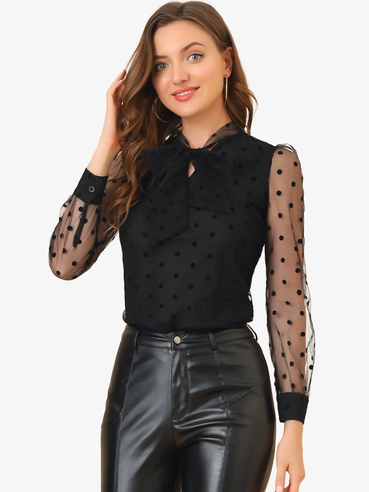 Tie Neck Polka Dots Semi Sheer Long Sleeve Blouse sold by Allegra K