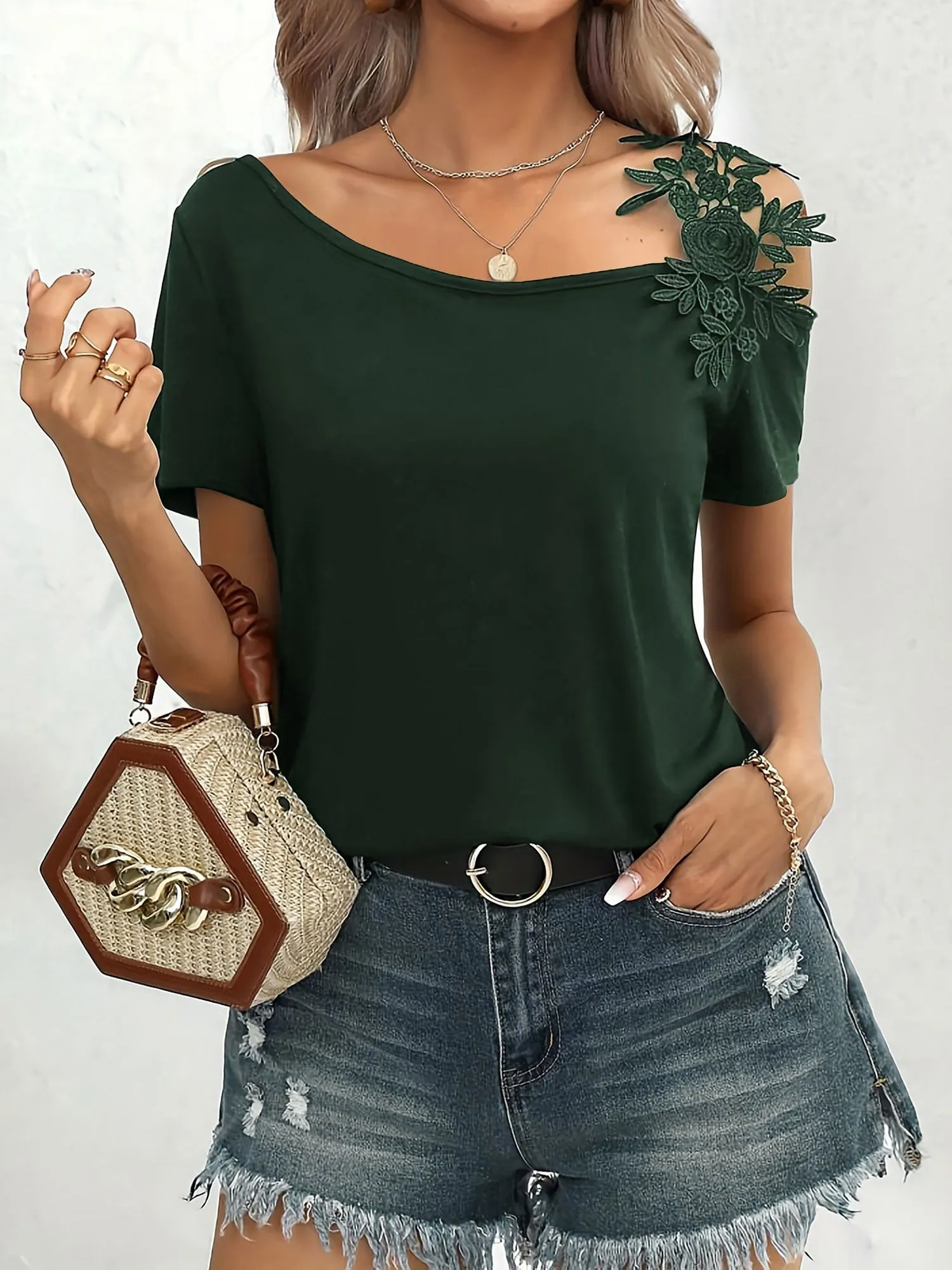 Solid Color Lace Cold Shoulder Casual Blouse sold by Allegra K