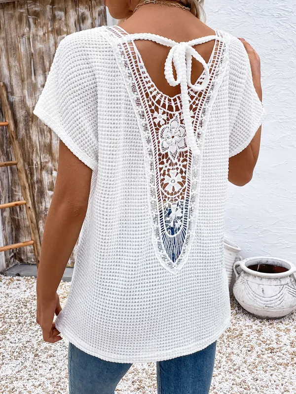 V Neck Short Sleeves Back Lace Decor Blouse sold by Allegra K